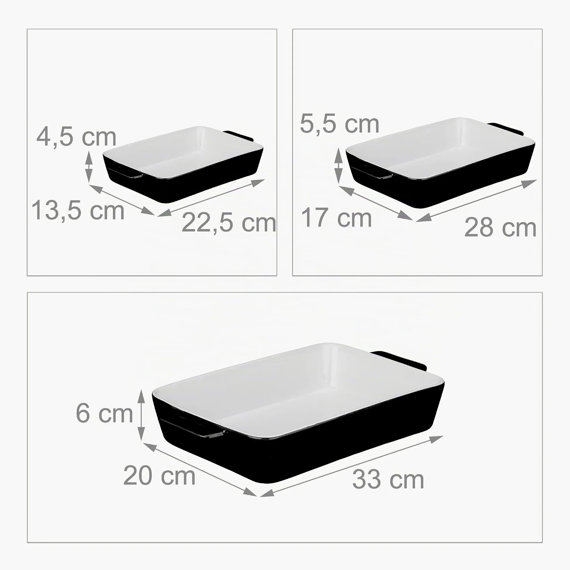 Relaxdays Pack de 3 Fuentes Horno, 3 Tamaños, Rectangular, Cerámica, Apto Lavavajillas, Recipiente Lasaña, Negro/Blanco