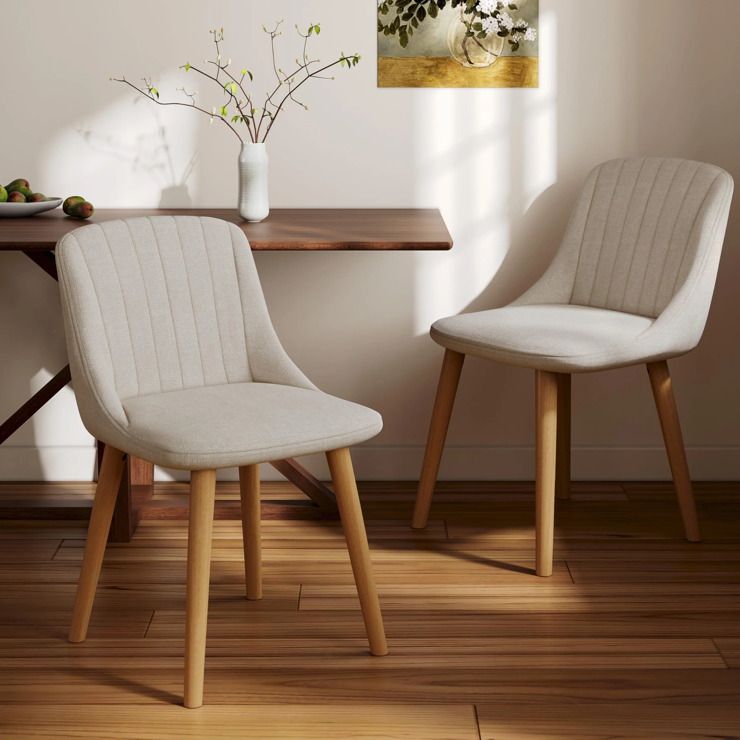 Silla Comedor Set 6 Cómodas Sillas Comedor Pata Madera Diseño Silla Tapizada Lino Beige