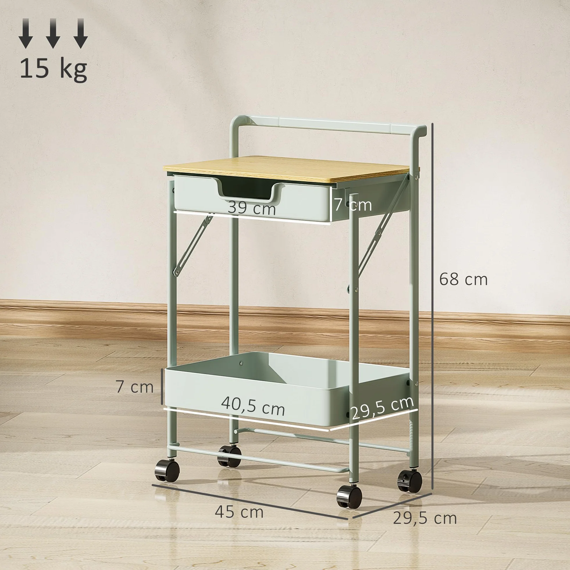 HOMCOM Carrito Auxiliar con Ruedas de 2 Niveles Carro de Cocina con 1 Cajón y 1 Cesta Carrito Organizador para Dormitorio Salón Oficina Verde Claro