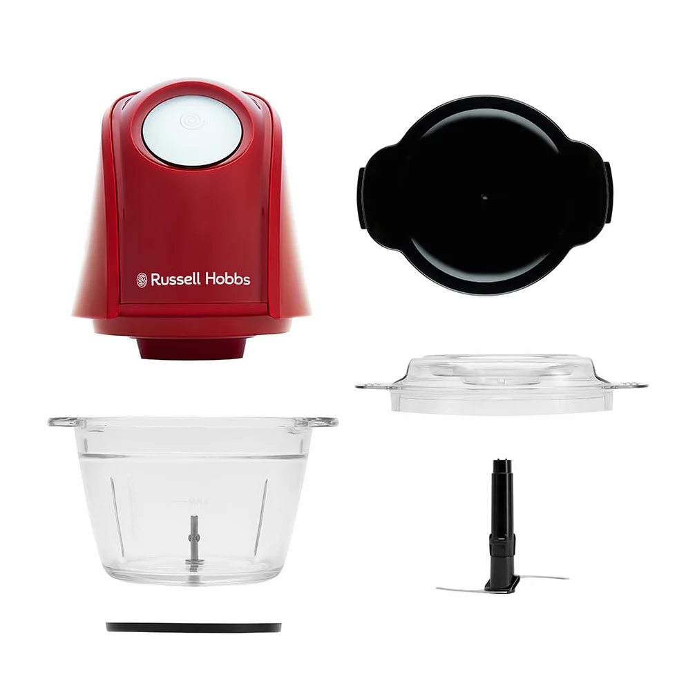 Russell Hobbs Picadora Eléctrica Mini Desire Red (Cuenco de vidrio de 500 ml, Cuchillas Inox de 2 puntas, 350 W Max, Botón One-Touch, Para frutas, verduras y carne) 27132-56