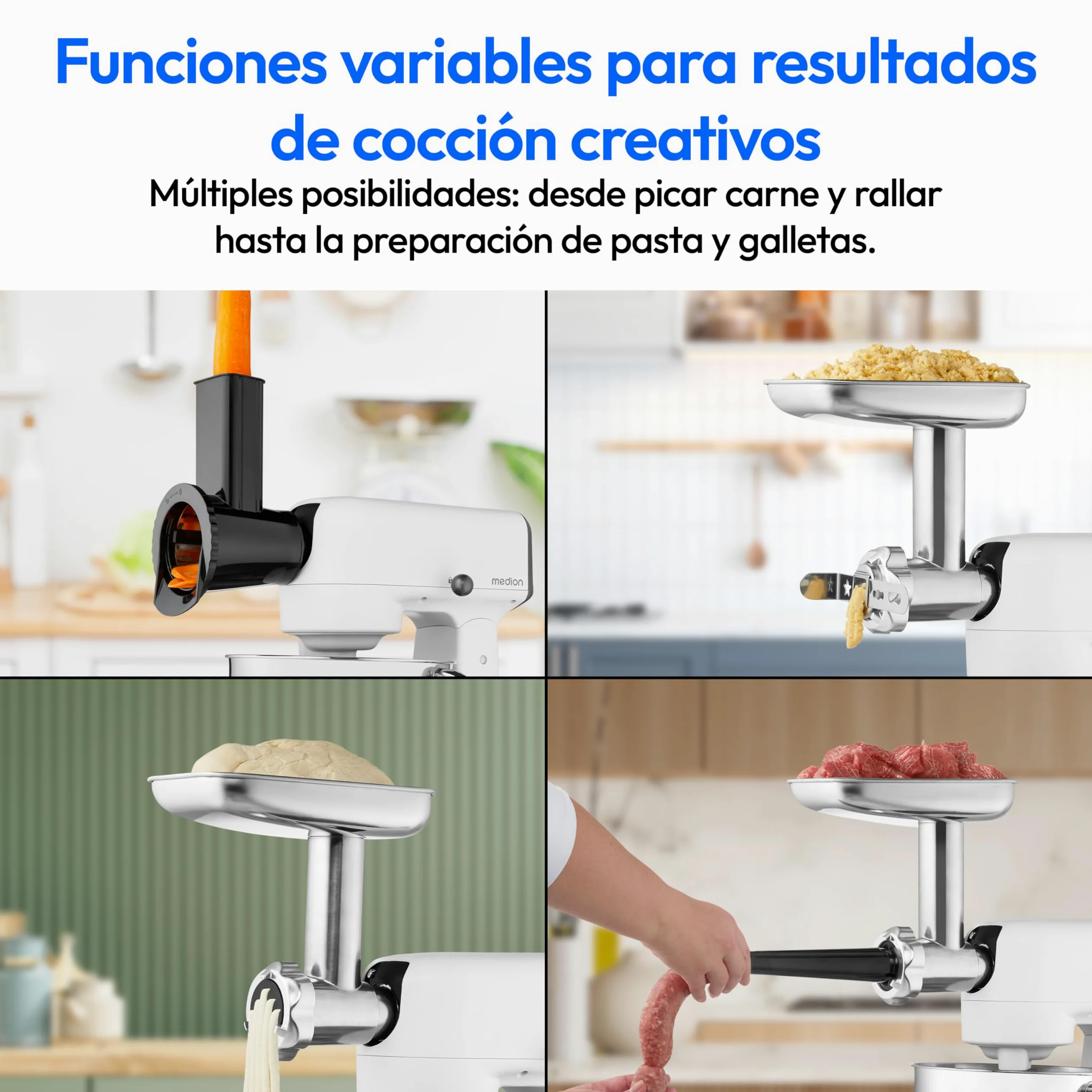 MEDION Robot de cocina con picadora (800 vatios, motor de CC, recipiente de acero inoxidable de 4,6 litros, ahorro de energía, ultrasilencioso, pantalla táctil con sensor digital, MD12600) Blanco