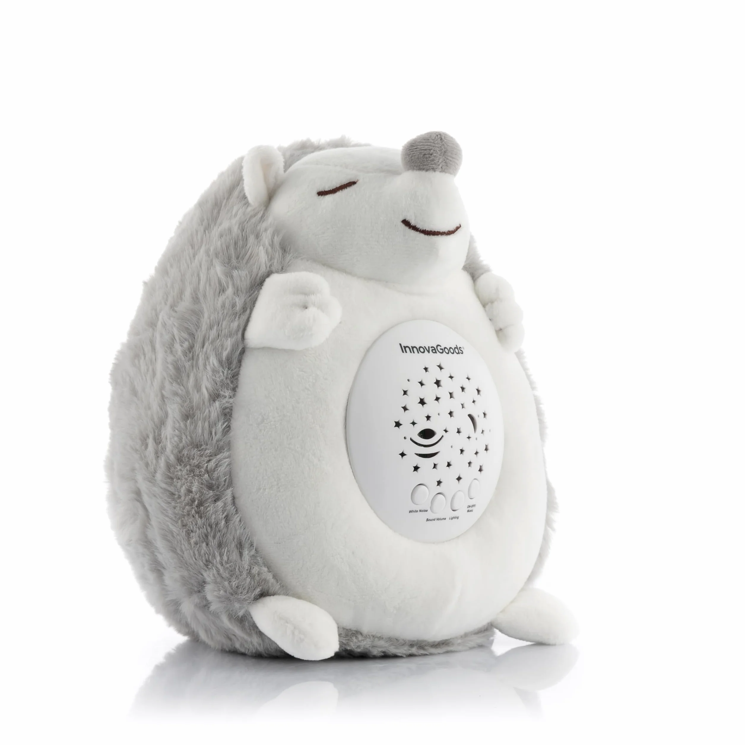 InnovaGoods Erizo de Peluche Proyector Ruido Blanco Spikey LED RGB 5 Niveles Volumen 15 Melodías 3 Sonidos Blancos Apagado Automático 30 min Blanco