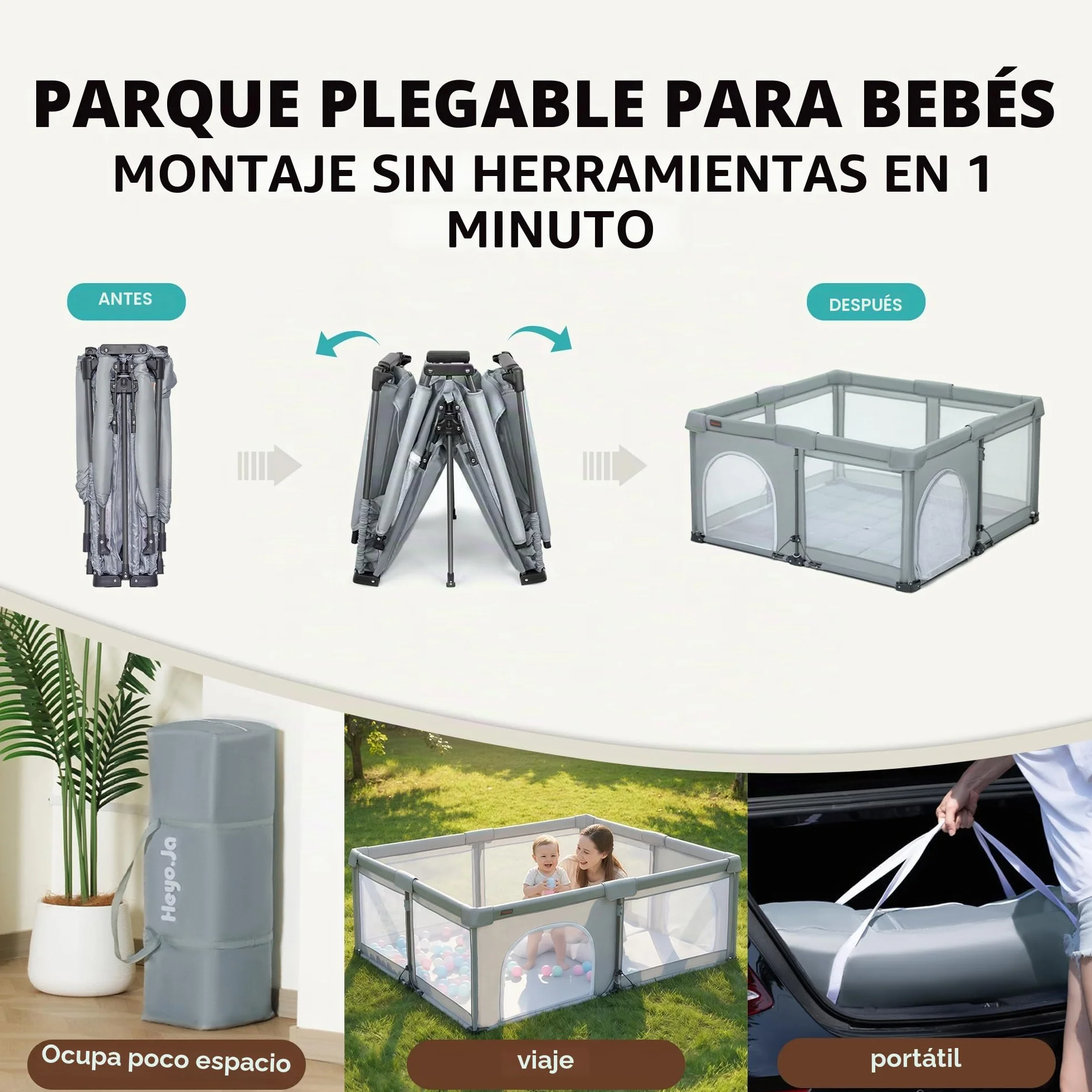 Parque infantil plegable para bebé con red, portátil, 127 x 127 x 67 cm