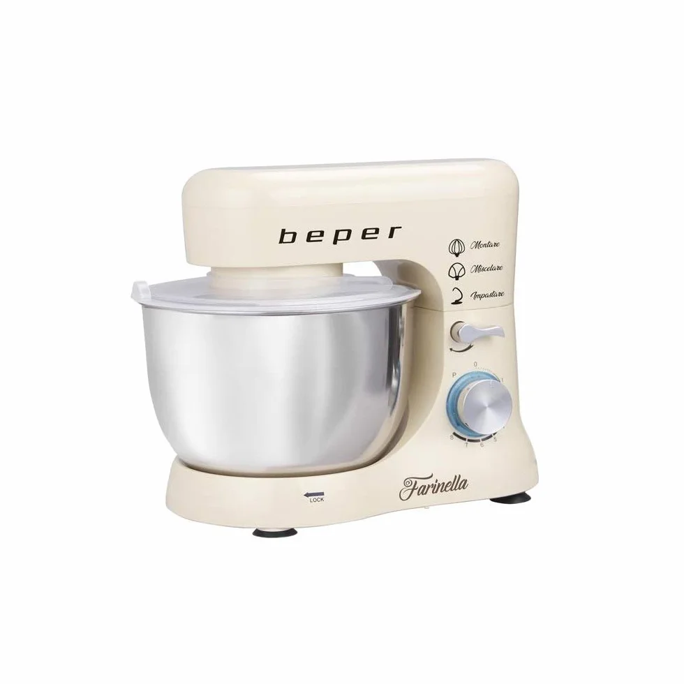 BEPER BP.200 Batidora Amasadora, Amasadora para Repostería (1000 W, 8 Velocidades, con Bol de Acero inoxidable de 4,5 L, Amasador, Batidor, Varillas y Protección para Salpicaduras) Blanco
