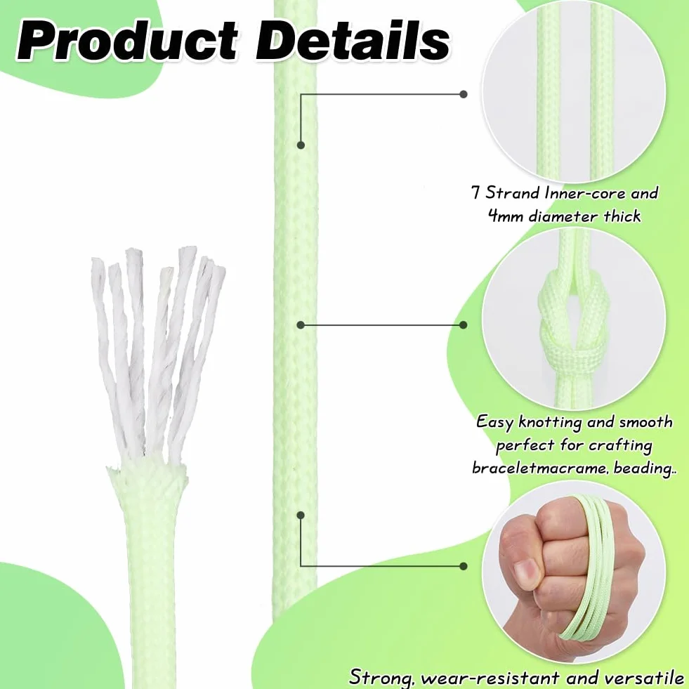 Cuerda de Paracaídas 102 Metros 31 pie Que Brilla en la Oscuridad Kit Paracord Poliéster Verde 4mm Multifuncional Luminoso Carrete Manualidades