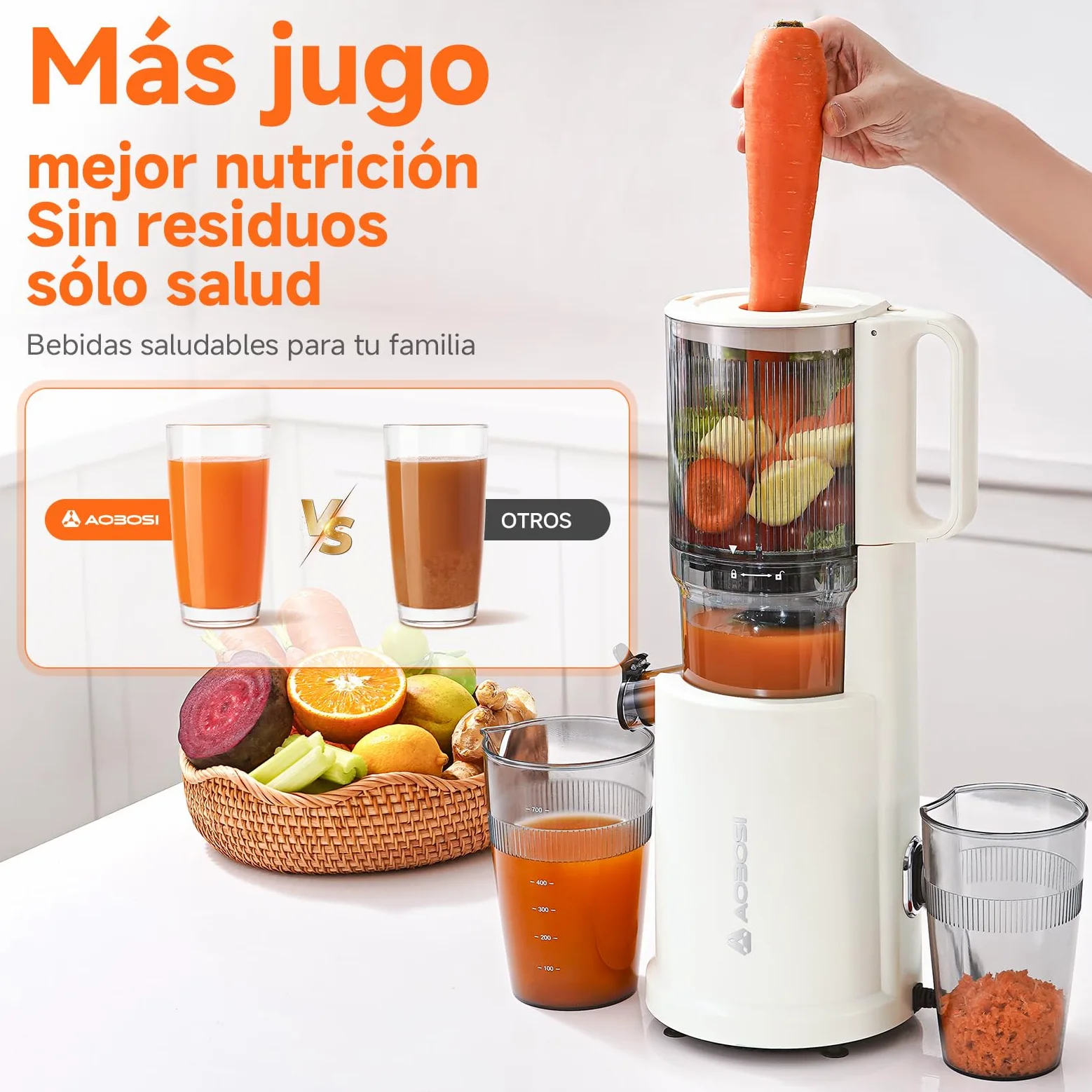 AOBOSI Extractor De Zumos Y Verduras – Boca XXL de 135 mm para Frutas y Verduras Enteras – 1.5 L, 200 W, Extractor de jugos Cold Press Slow Juicer Machine con Sinfín Mejorado