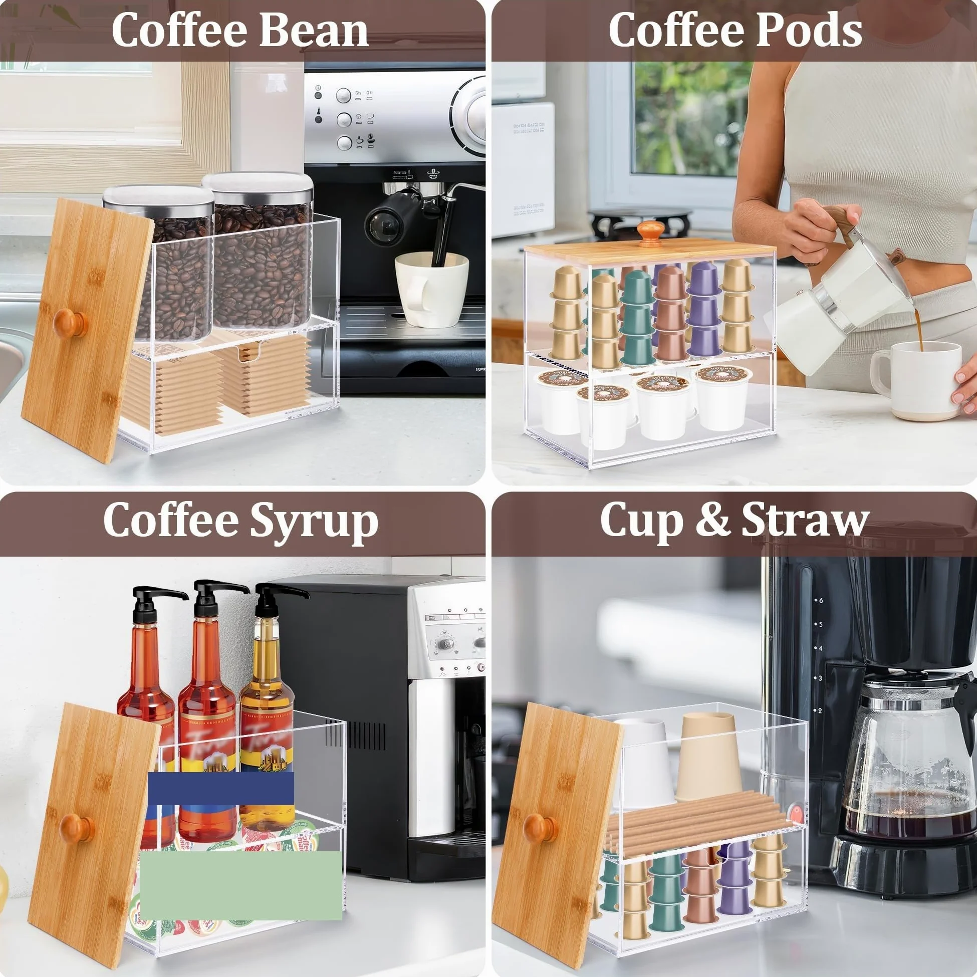 Organizador multifuncional de cápsulas de té y café, dispensador de bolsas de té de 2 niveles con cajón para cápsulas para Nespresso y KCup, elegante caja de almacenamiento para el hogar y el bar