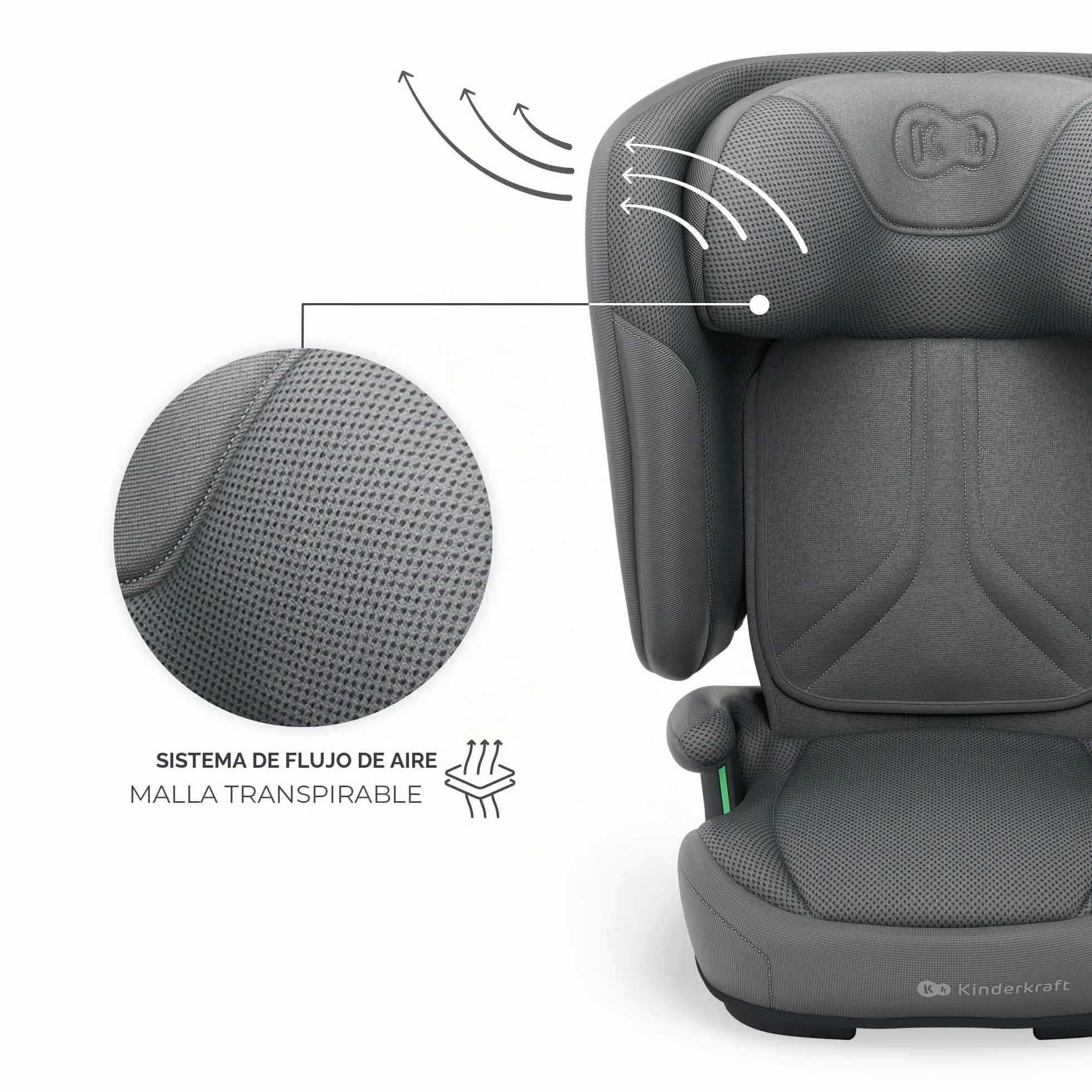 Kinderkraft UNITY 2 i-Size, Silla de coche plegable 100–150 cm, De 3,5 a 12 años aproximadamente, Reposacabezas ajustable, Tapizado con sistema AIR FLOW, Ajuste del respaldo en 5 posiciones, Gris