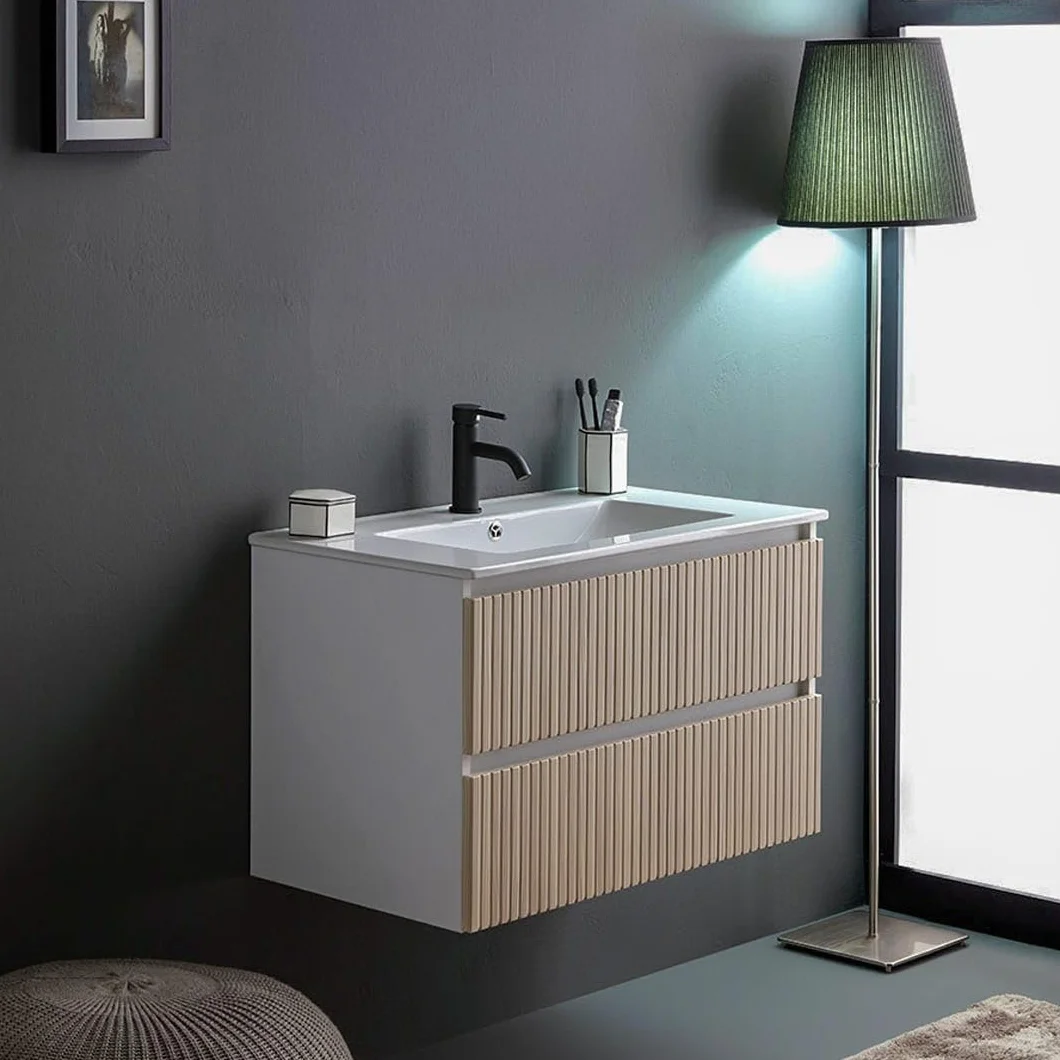 Kiamami Valentina - Mueble de baño suspendido 80cm Blanco con Frontal de Roble Estriado