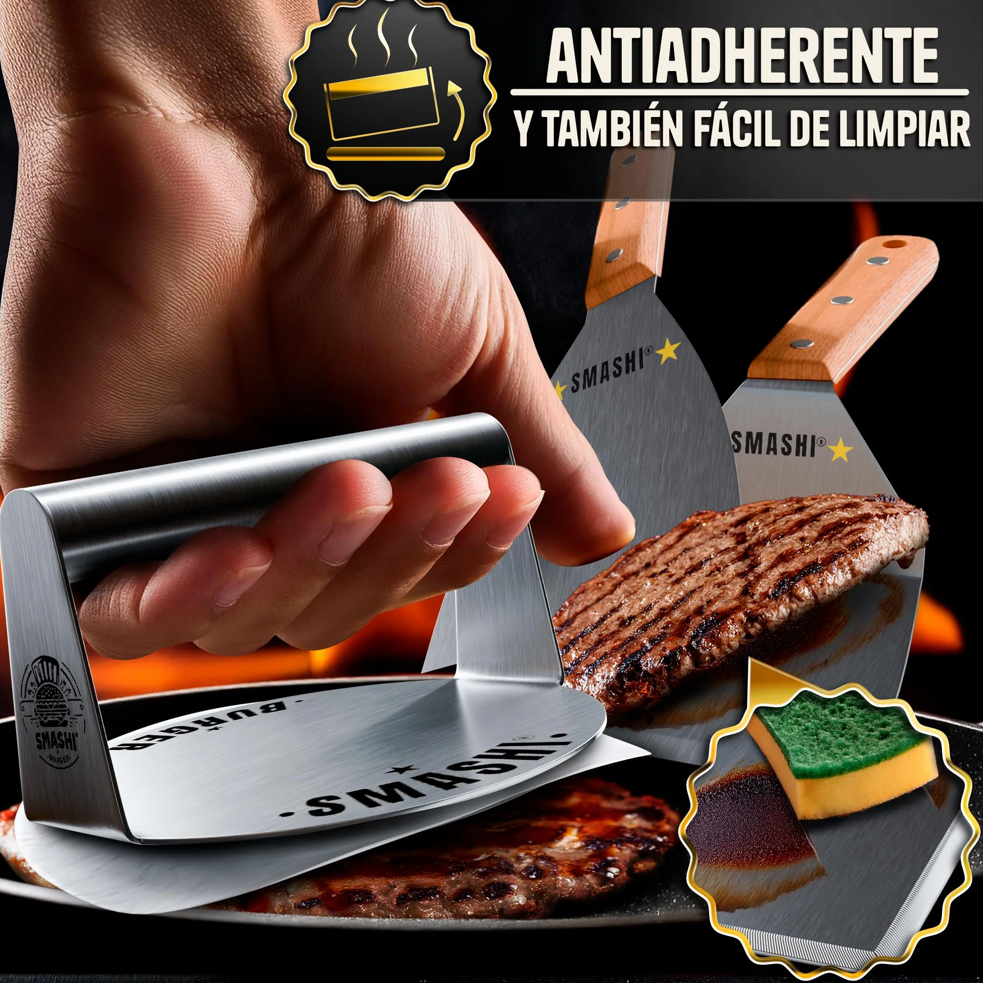 SMASHI® Smash Burger Kit Profesional Acero Inoxidable 304 Certificado EU Contacto Alimentos | Prensa Hamburguesas + 2 Espátulas con Mango de Madera + Accesorios | Incluye 25 Recetas (AVANZADO)
