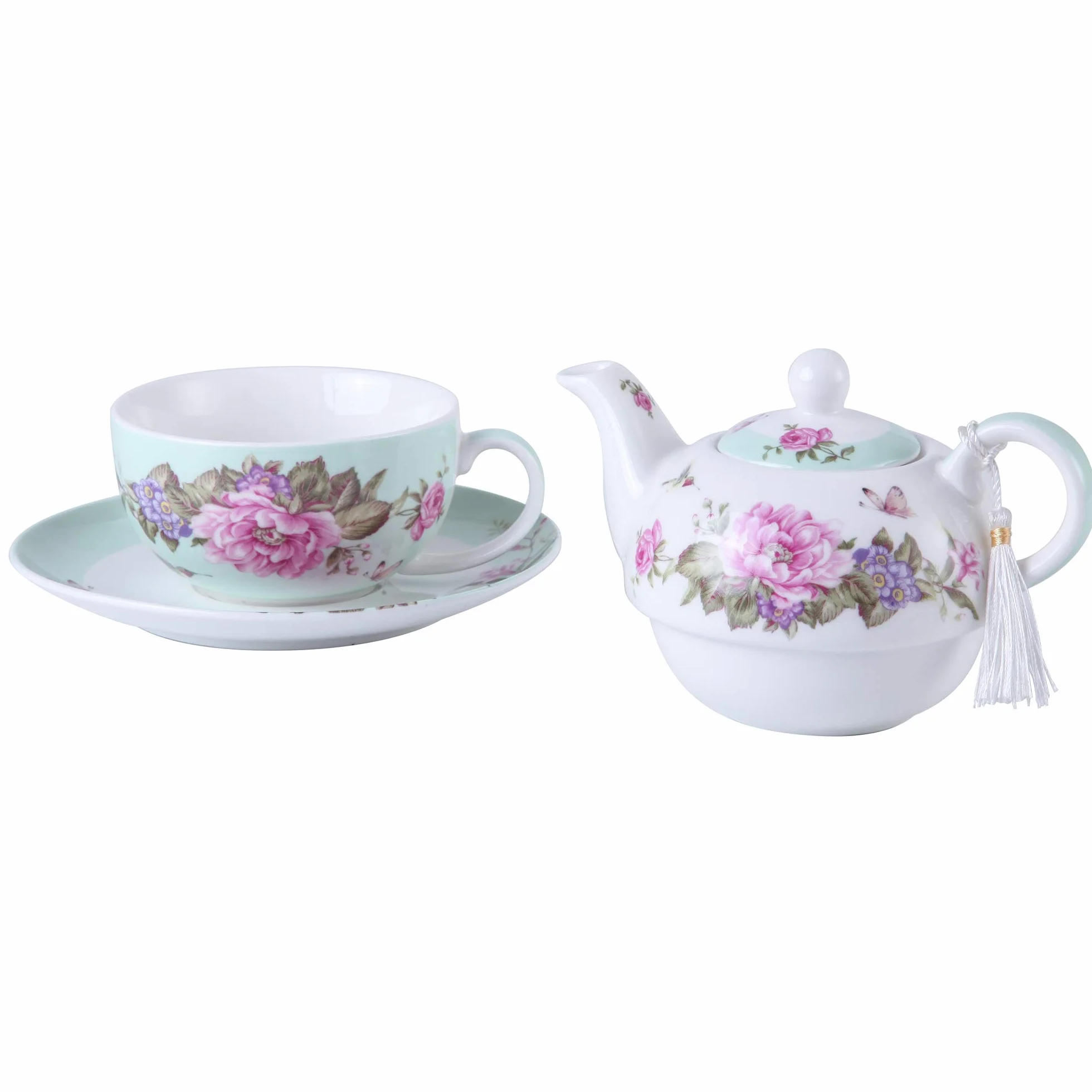 Tea for One - Juego de Tetera, diseño de Flores y Mariposas, Color Verde Azulado