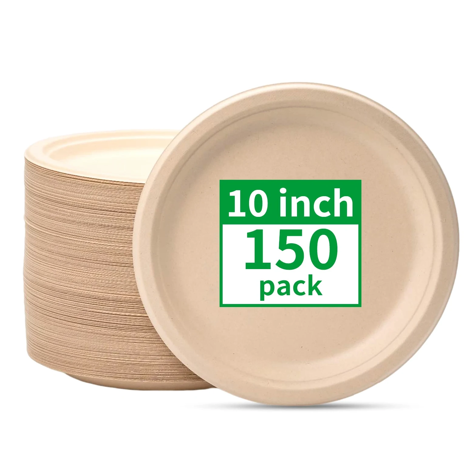 Paquete de 150 platos de papel, 100% compostable, apto para microondas, respetuoso con el medio ambiente, hecho de fibras de caña de azúcar, marrón sin blanquear