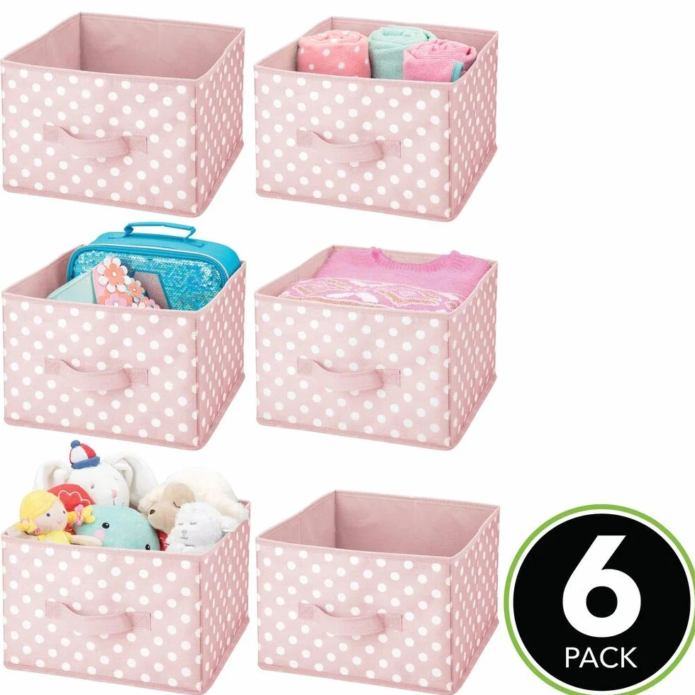 mDesign Juego de 6 Contenedores de Tela Organizadores de Juguetes Lunares para Dormitorios Infantiles Rosa/Blanco