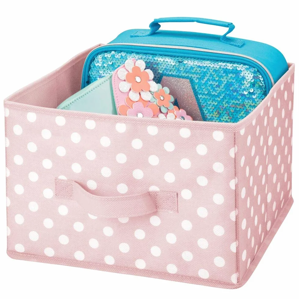 mDesign Juego de 6 Contenedores de Tela Organizadores de Juguetes Lunares para Dormitorios Infantiles Rosa/Blanco