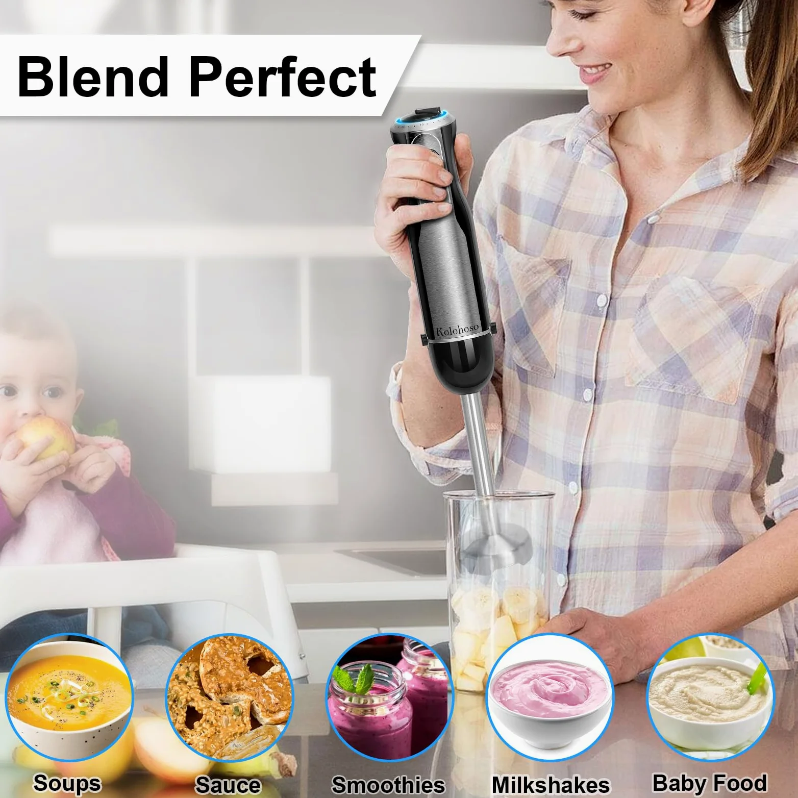 1500W Batidora de Mano 4 en 1 Botón TURBO 20 Velocidades Batidora Picadora | Batidora de Inmersión Multifunción 4 Hojas de Acero Inoxidable, Batidor de Huevos, Vaso Medidor 600ml y Picadora 500ml