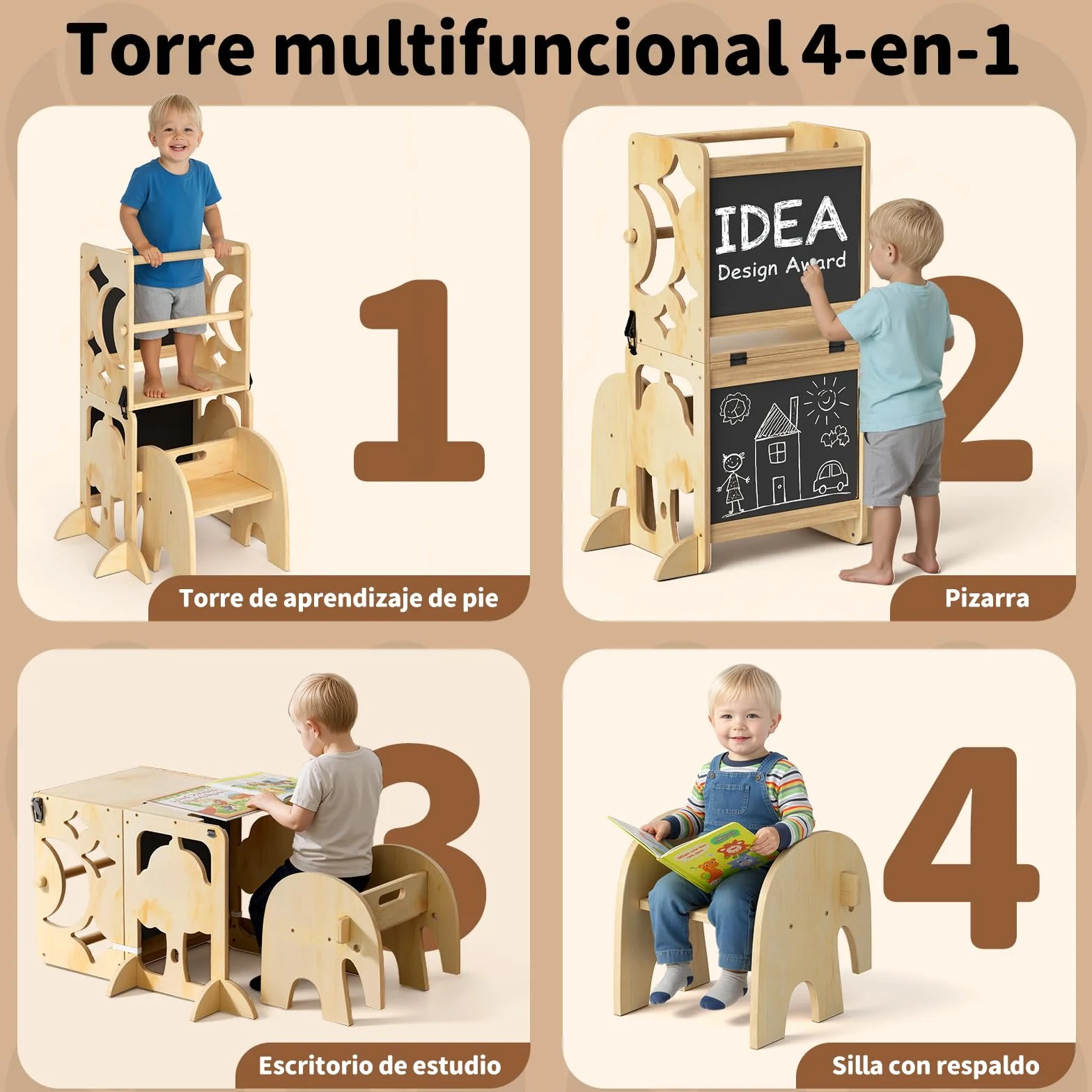 COSYLAND Torre de Aprendizaje Infantil 4 en 1 con Barandilla de Seguridad, Plegable, Doble Pizarra, Natural