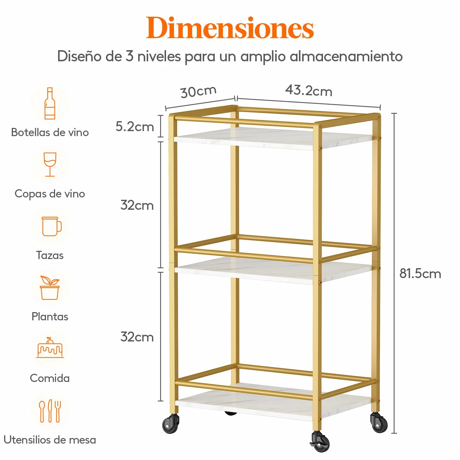 Lifewit Carrito de Cocina, Carrito Auxiliar de 3 Niveles, Carrito de Servicio de Té con Ruedas con Bloqueo para Cocina, Comedor o Sala de Estar, 43.2 x 30 x 81.5 cm, Dorado