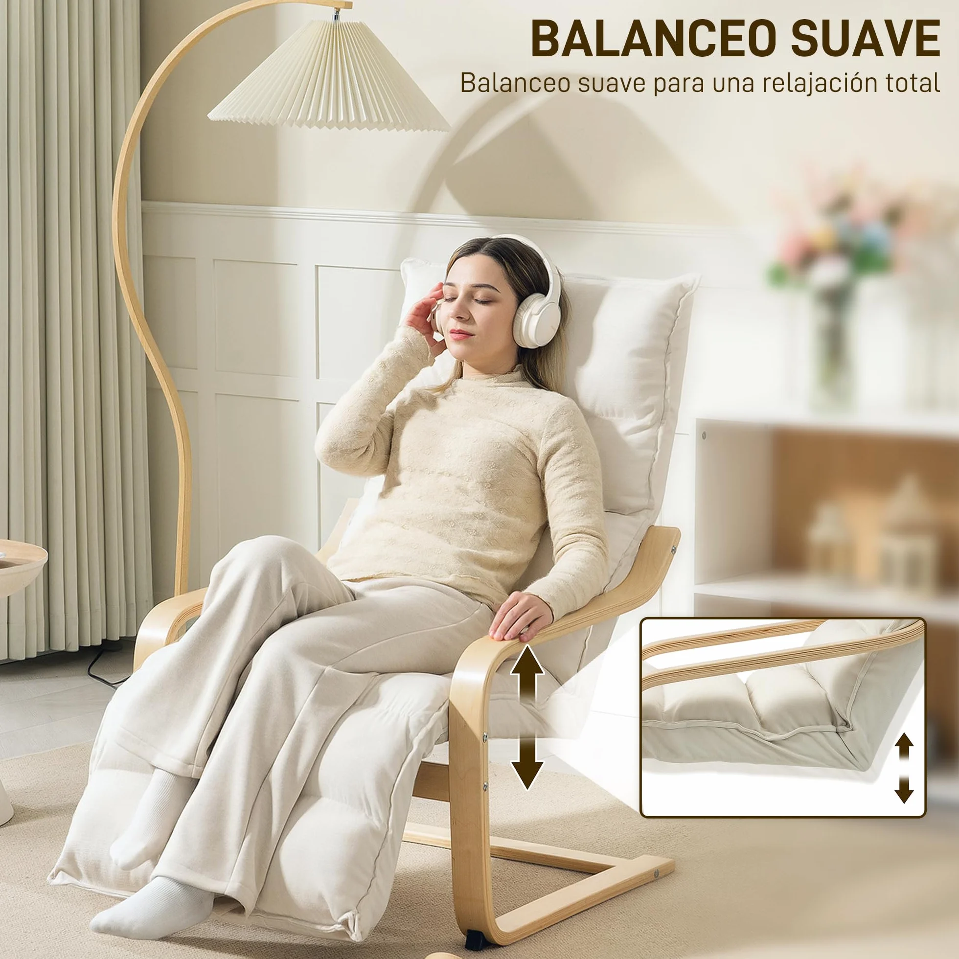 HOMCOM Sillón de Salón con Reposapiés Ajustable, Butaca de Salón Tapizada en Terciopelo, Marco de Madera, Sillón de Relax para Dormitorio, Oficina, Estudio, 67x93x105 cm, Crema