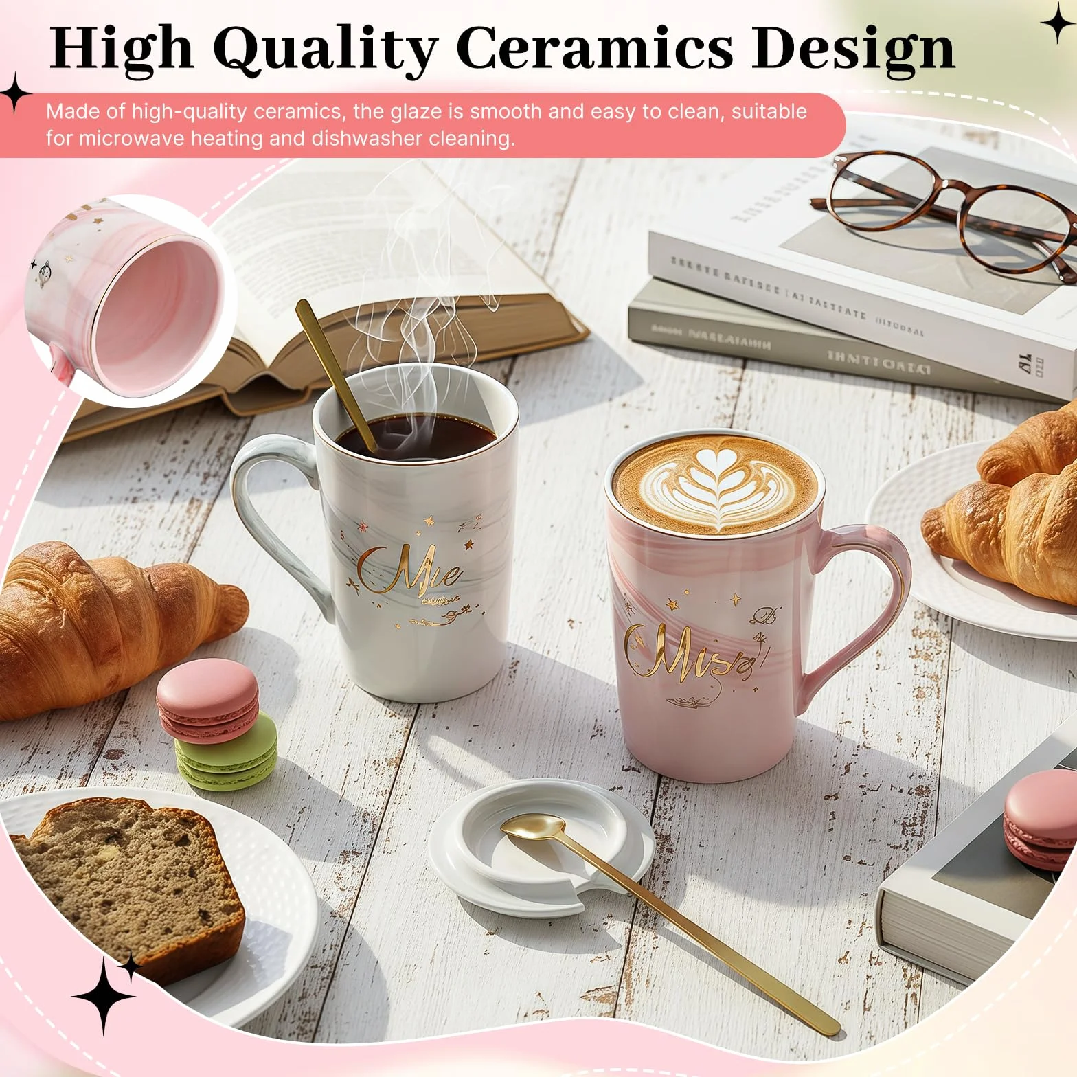 2Pcs Sr. y La Sra. Tazas De Regalo,Mr y Mrs Set de Tazas de Café,400ml Taza de Cerámica con Patrón de Mármol,con Tapa y Cuchara,Caja de Regalo,para Aniversario de Boda,Parejas Casadas