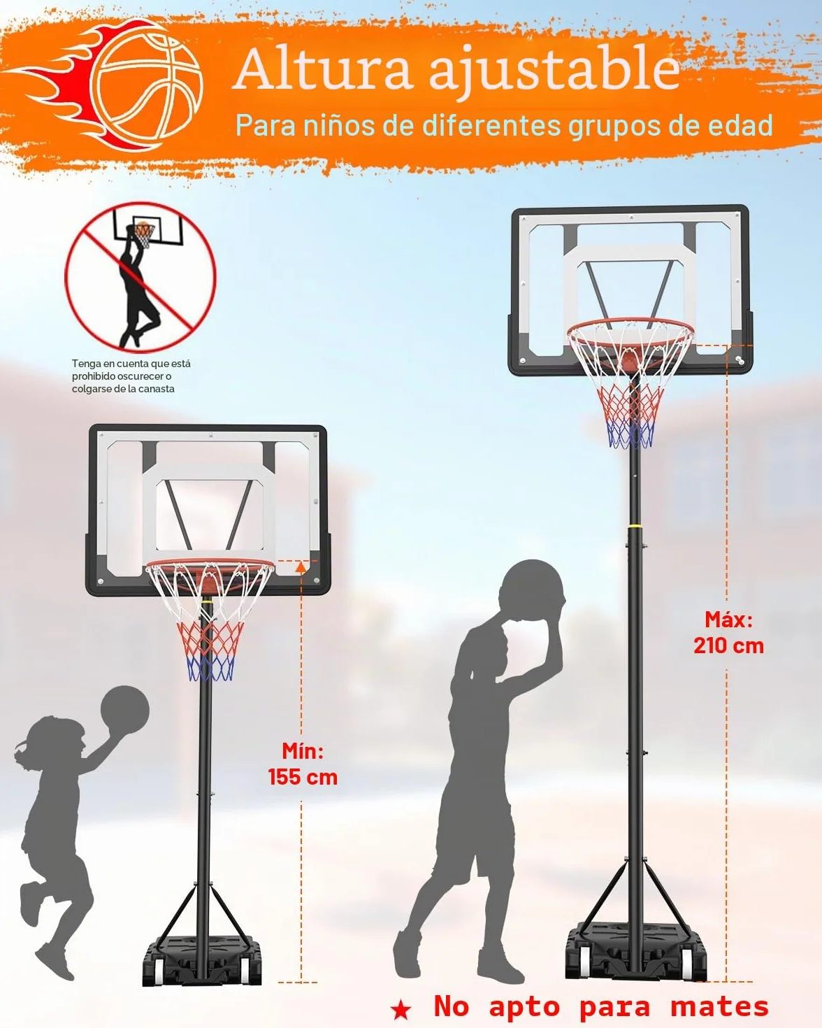 Canasta de Baloncesto Portátil Regulable 150-210cm Tablero Antivándalos 84cm Carro Ruedas