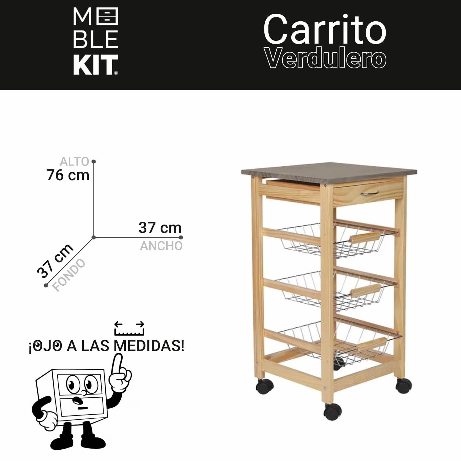 INDE MOBLEKIT | Carrito Auxiliar con Ruedas 3 Estantes con Cajón, Verdulero de Cocina en Madera Natural, Verdulero Práctico para Frutas y Verduras, Mueble Auxiliar de Cocina con Estantes