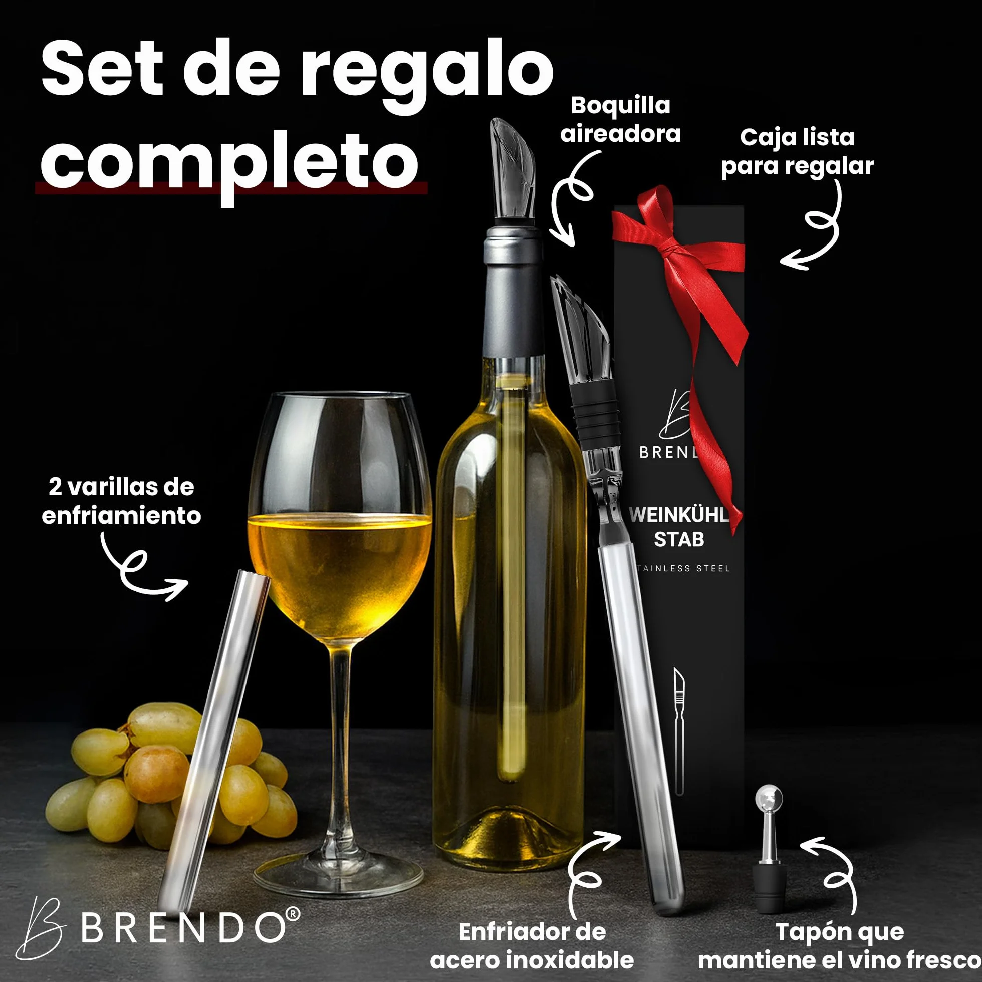 Brendo Enfriador de Botellas de Vino 4 en 1 – Varillas Enfriadoras de Acero Inoxidable en 2 Longitudes + Vertedor + Decantador + Tapón | Set de Regalo para Hombres y Mujeres | Accesorios para Vino