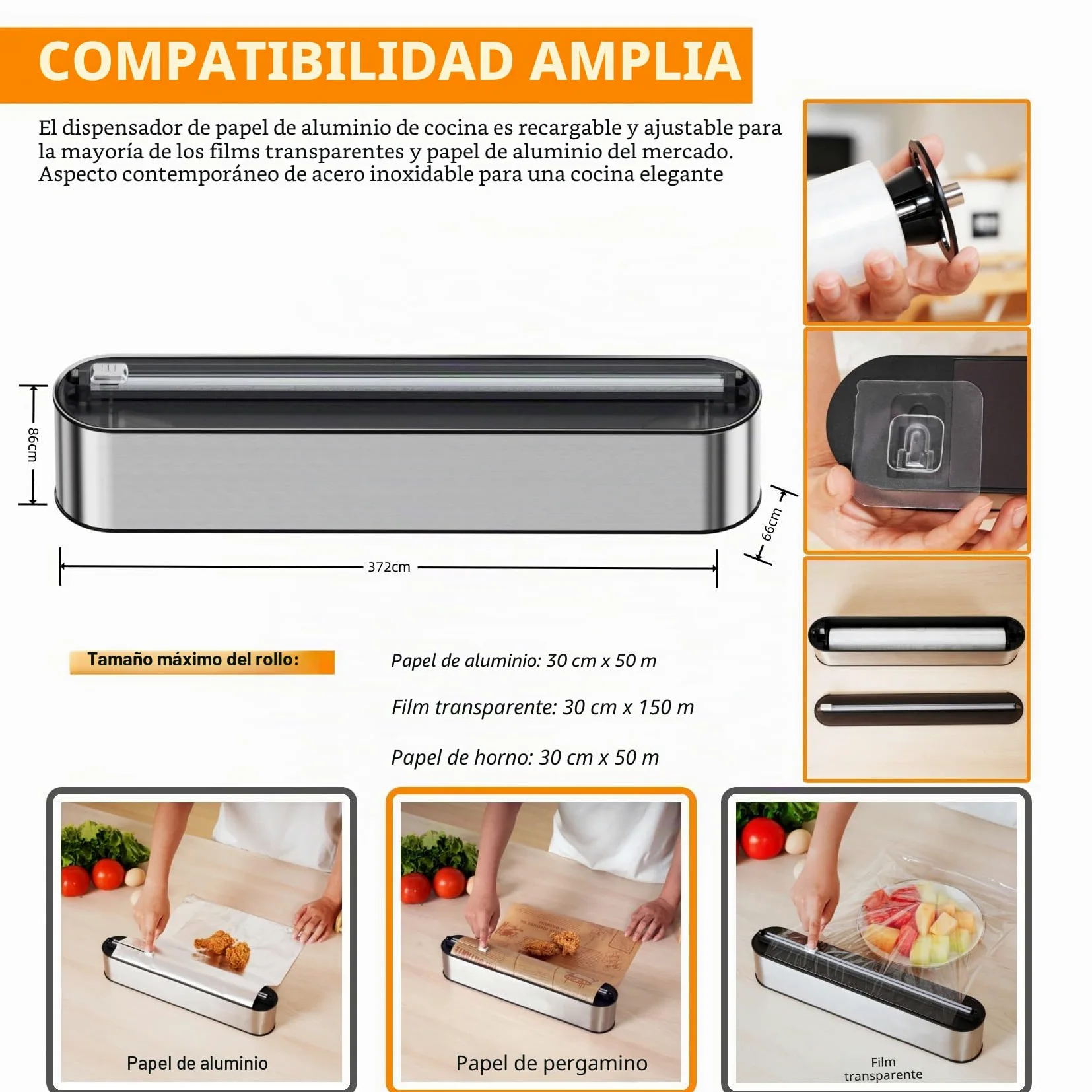 Dispensador Papel Aluminio y Film - Montaje Magnético & Pared sin Taladrar, Cortador Film Transparente, Corte Preciso, Organizador Cocina Profesional - 2 rollos de 100 m, Acero Inox Plata