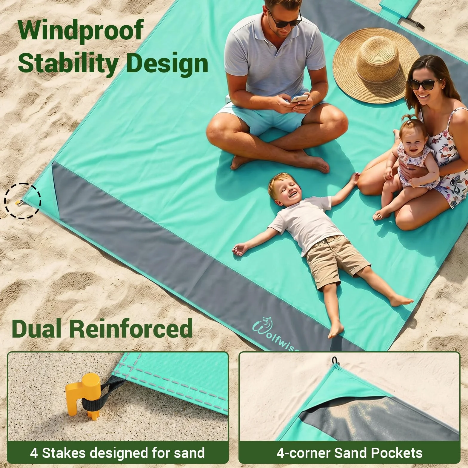WolfWise Gran Manta de Playa 200x205 cm Impermeable Antarena Ultraligera 4 Personas 4 Bolsas Arena 4 Estacas Verde
