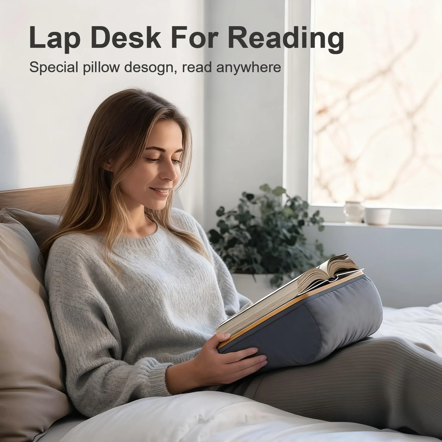 Lap Beanbag - Atril para lectura con manos libres, cómodo soporte de lectura, ideal para los amantes de los libros en el dormitorio universitario, soporte de lectura (gris)