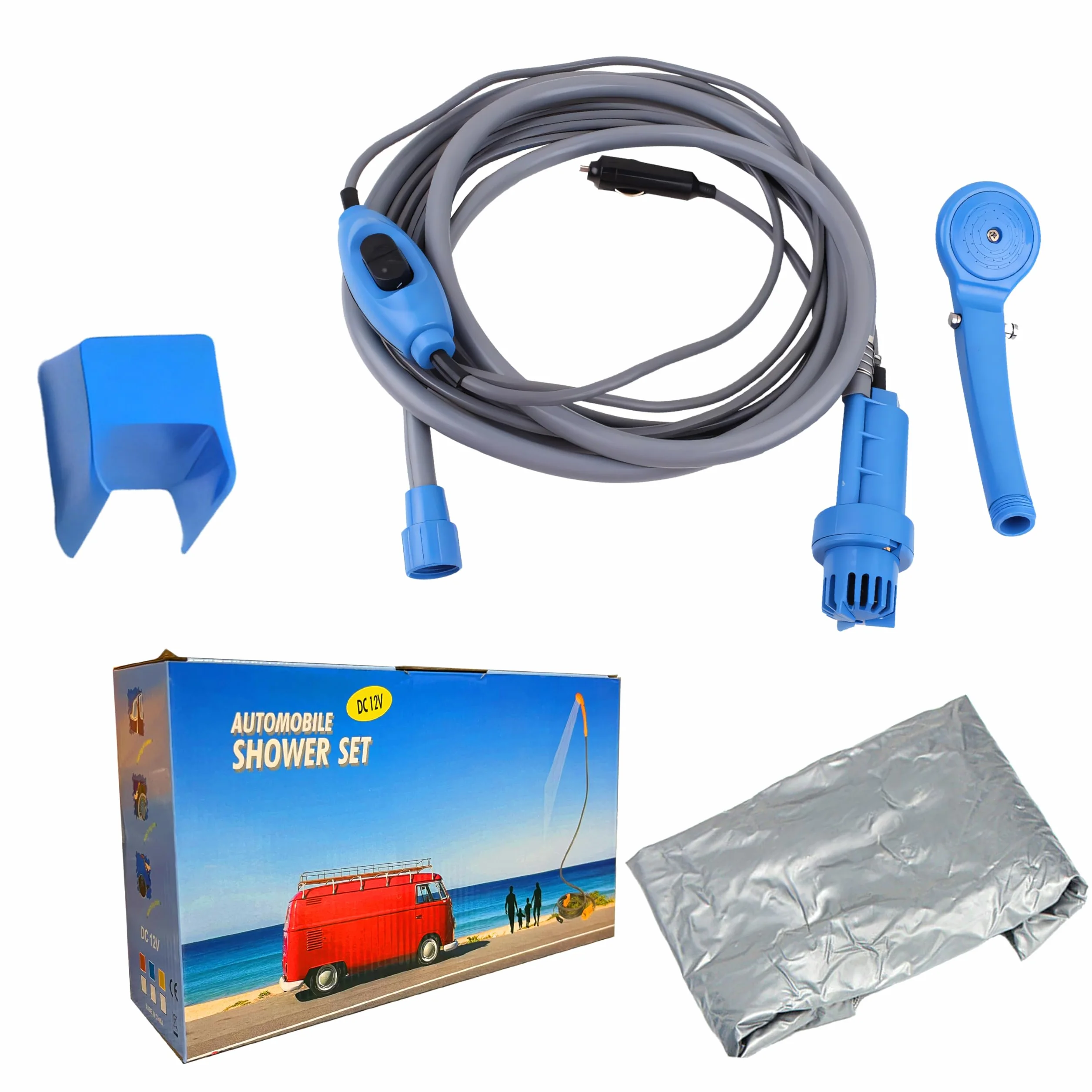 Retoo Ducha de camping portátil con bomba 35-60W Manguera 7m 12V