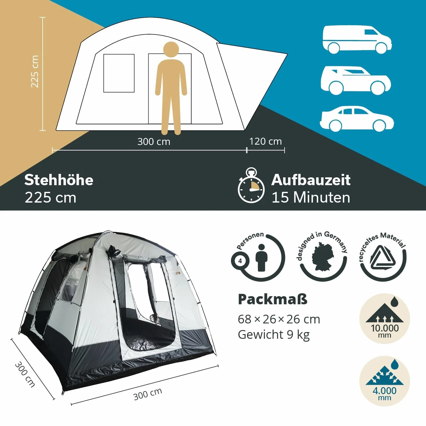 Skandika Pitea Van Tienda Avance Furgonetas Camping 4 Personas 310x300x225cm Suelo Cosido Bañera Mosquiteras