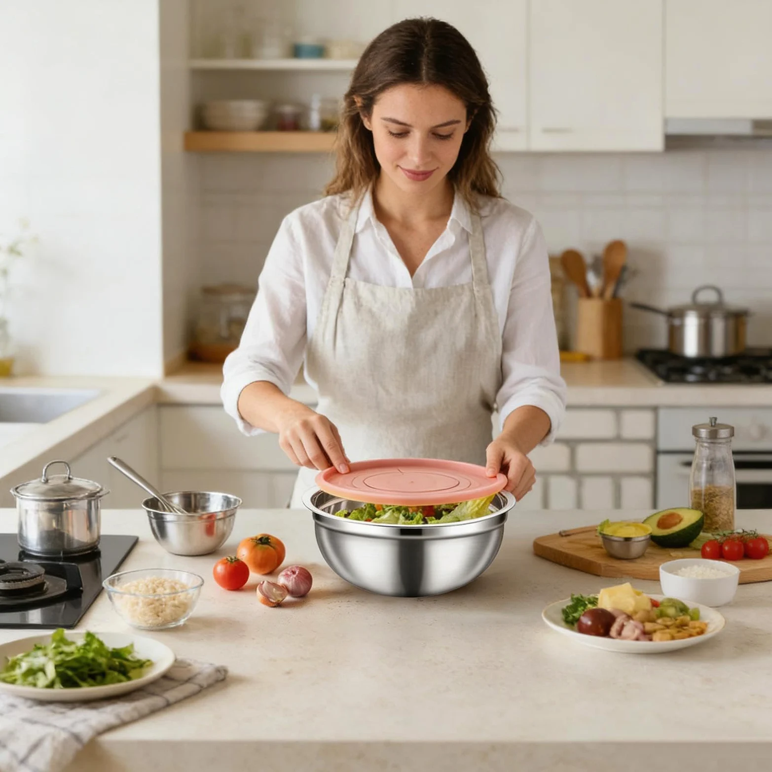 Juego de Bol para Mezclar con Tapa Herméticas de Acero Inoxidable, Juego | Ideales para preparar y conservar alimentos en el frigorífico Para Aliños,