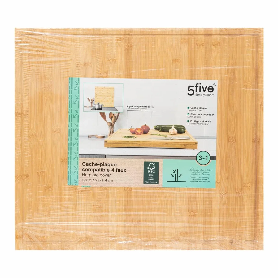 Funda de bambú 3 en 1 para placa de cocina 52x58 cm - Tabla de cortar, protector antiadherente