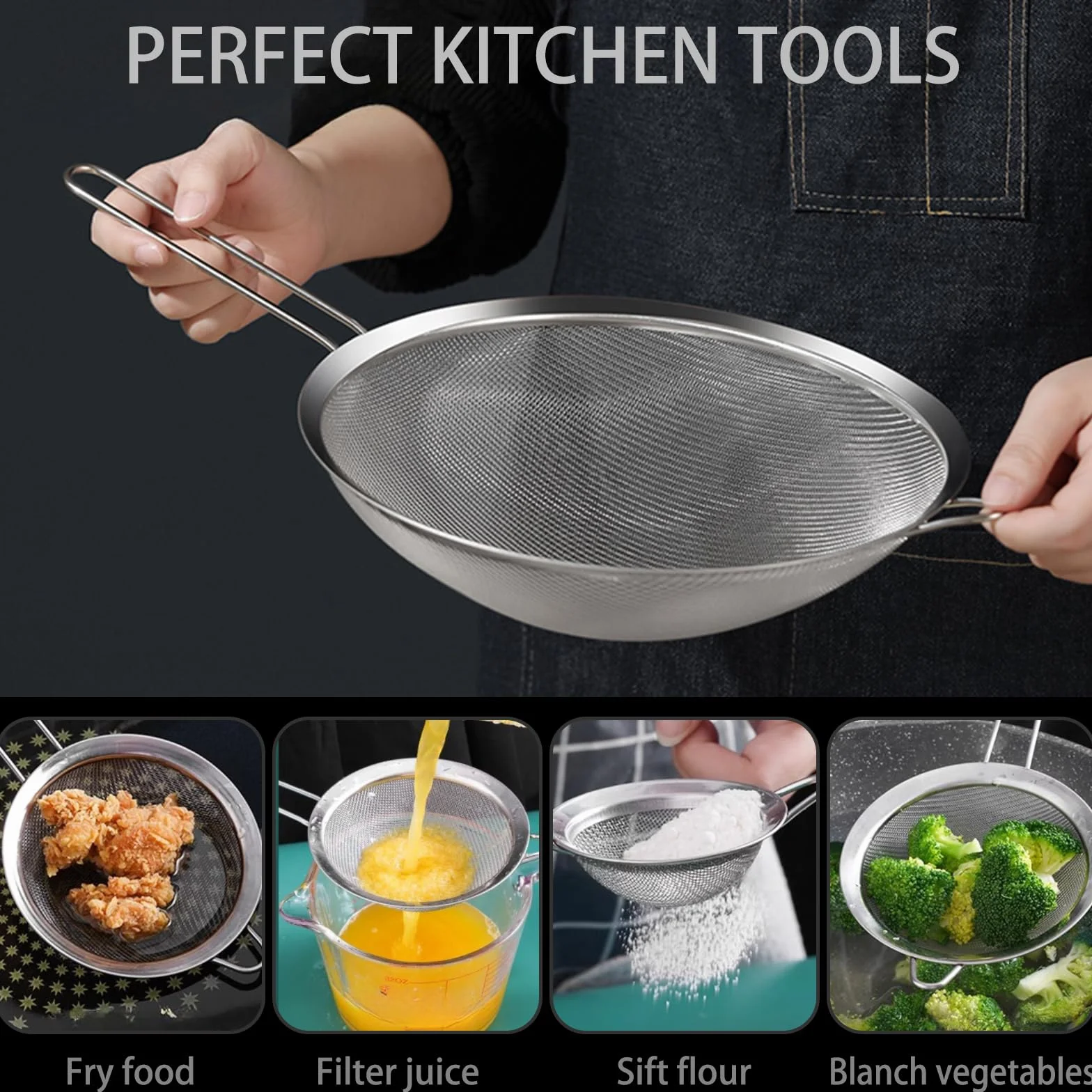 3 Coladores de Malla Fina con Mango de Acero Inoxidable de 22/27,5/35 cm de Diámetro, GeeRic Filtro duradero para Escurrir Pasta, Frutas, Verduras y Postres, Así como para Tamizar Harina