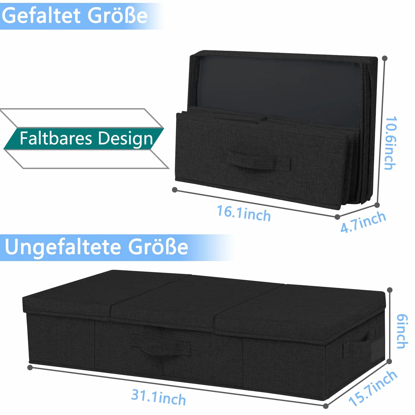 JUPELI 2 cajas de almacenamiento plegables debajo de la cama 15 cm negro con tapa y asa
