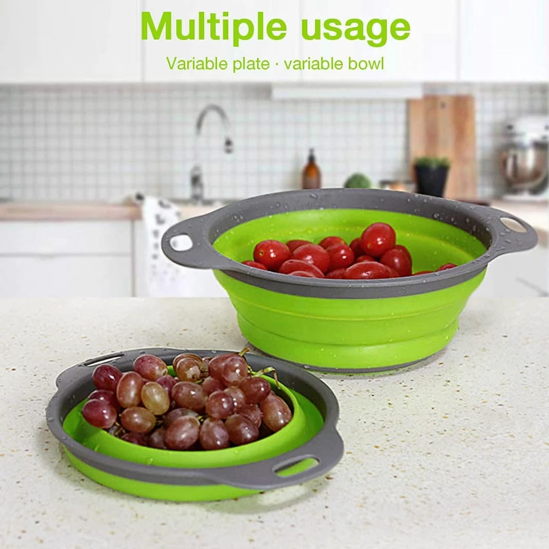 Juego de 2 coladores plegables redondos de silicona para fregadero de cocina y cesta de frutas, 1 grande y 1 pequeño, perfecto para escurrir pasta, verduras y frutas, artículos esenciales para el