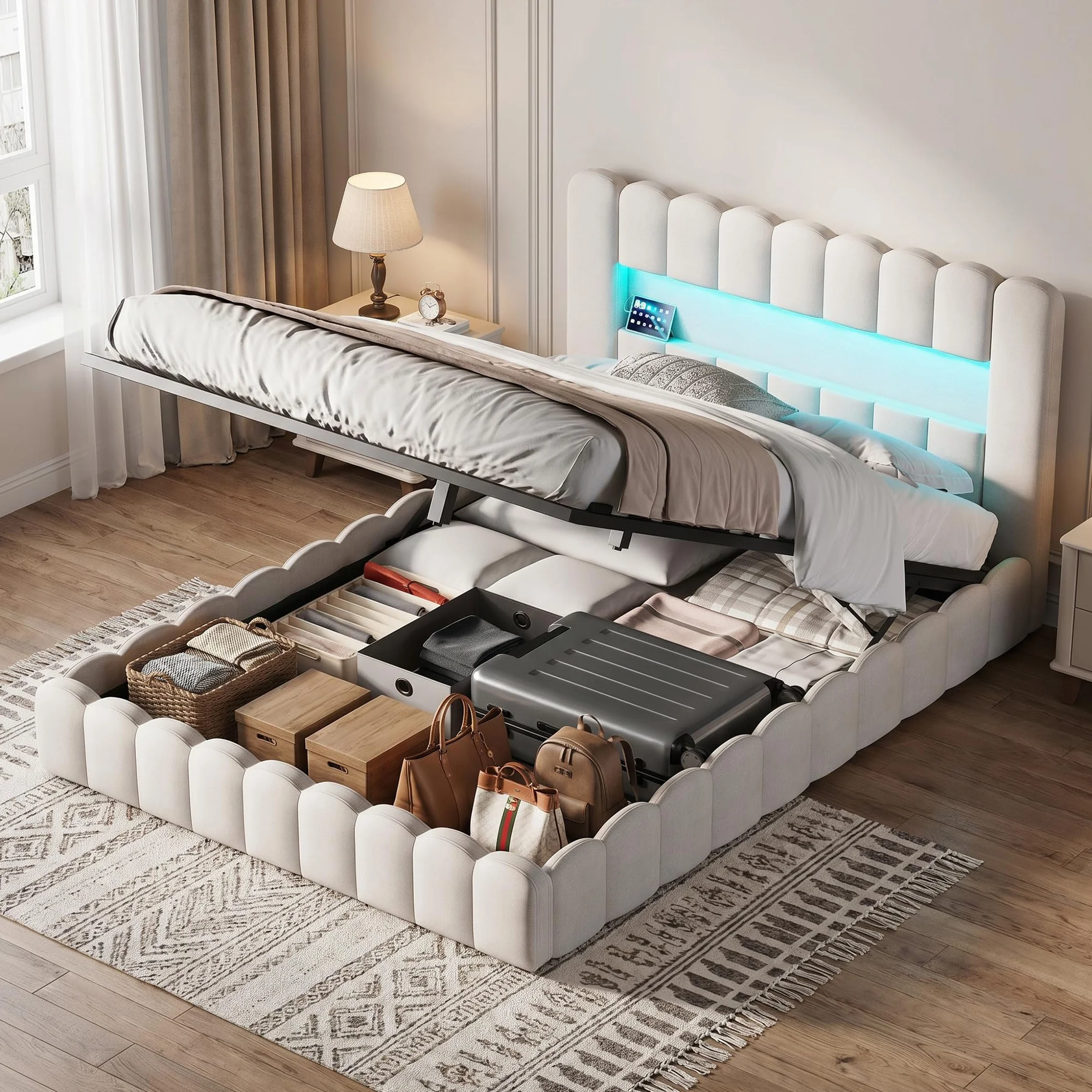 Cama tapizada de 160 x 200 cm con cajón, cama de 160 x 200 cm con espacio de almacenamiento hidráulico, cabecero con LED y USB, marco de cama doble con somier, lino beige, sin colchón