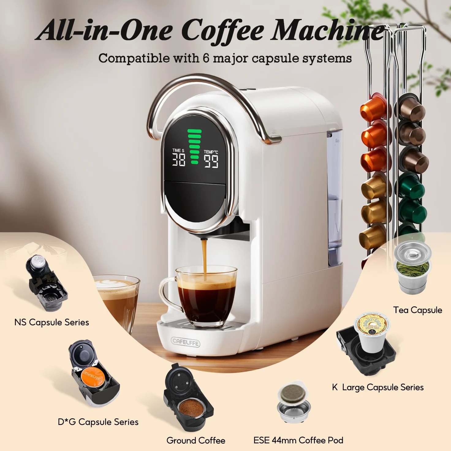 CAFELFFE MK-609S 6 en 1, 20 bares con alivio automático de la presión, control de temperatura y cantidad de café, 6 opciones de adaptador para cápsulas, hojas de té y café molido, 1450 W, color negro
