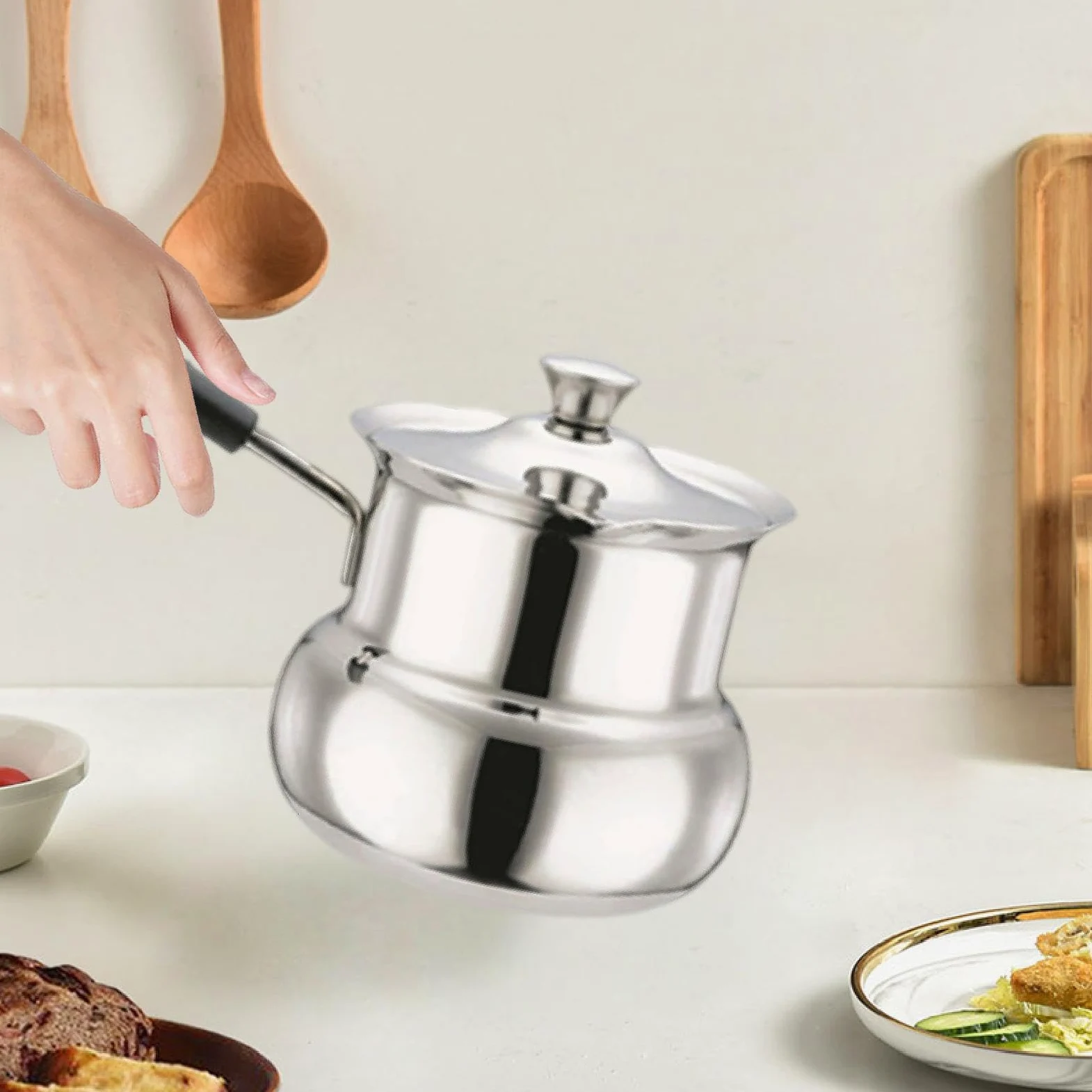 Amagogo Cafetera de Acero Inoxidable, Cafetera Turca, Calentador de Leche, Pequeña Portátil Universal, Sartén para Derretir Chocolate con Mango Cómod, Forma de tambor 720ml, tal como se describe