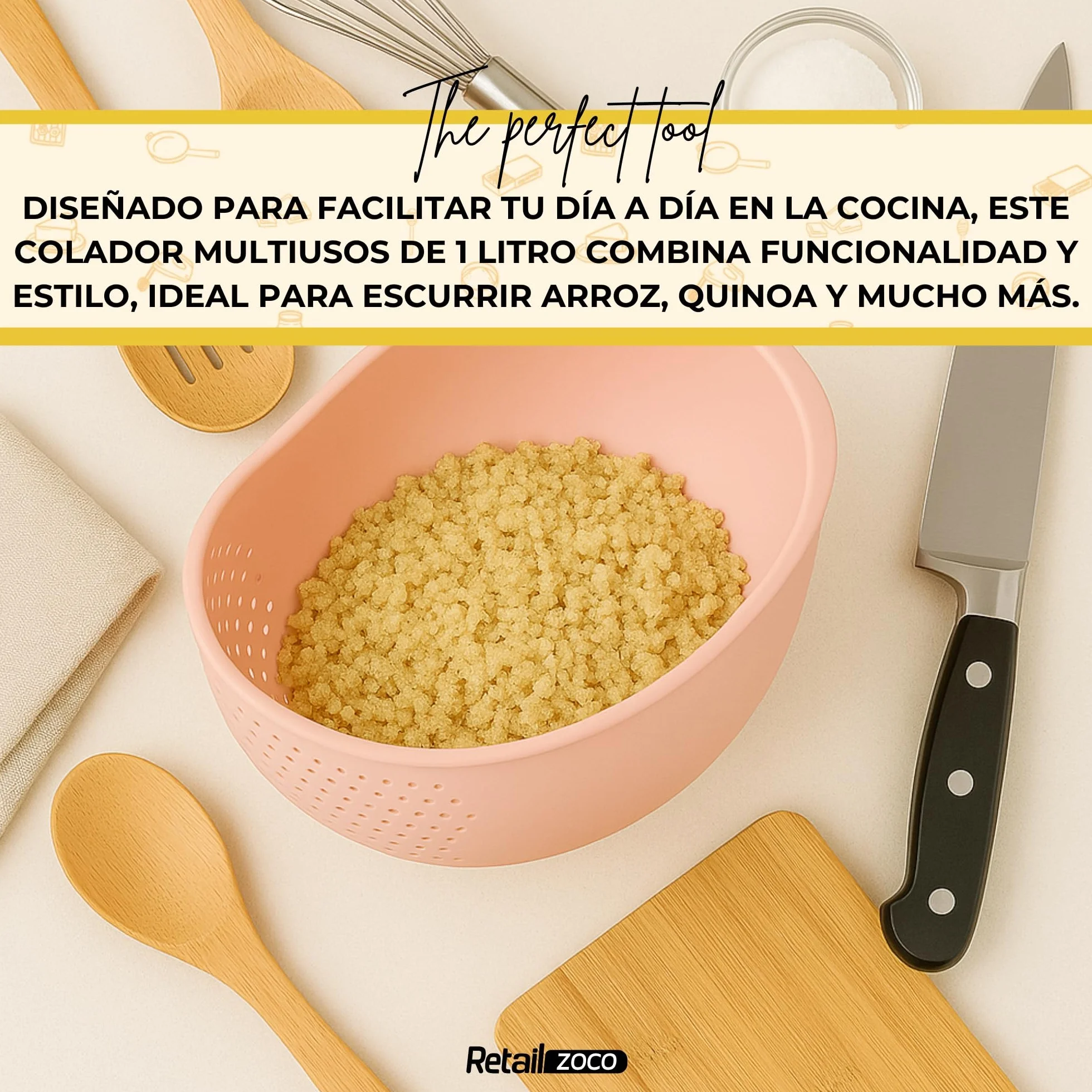 CHEFZOCO Escurridor de plástico, colador de cocina, Colador multiusos, escurridor para arroz, Tamiz alimentos, Colador para frutas y verduras, Cesta escurridora, Capacidad 1 Litro, Plástico, Rosa