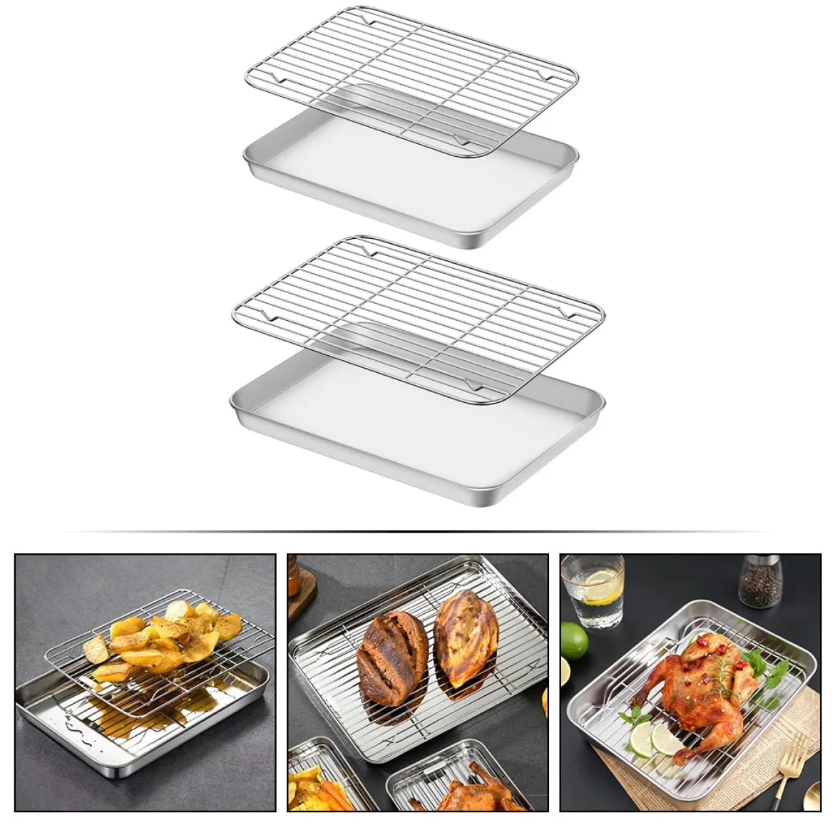 Garneck 2 juegos Bandejas para Horno de Acero Inoxidable con Rejilla para Asar y Enfriar Compacto y Resistente y Fácil de Limpiar para Galletas Pasteles y Carnes