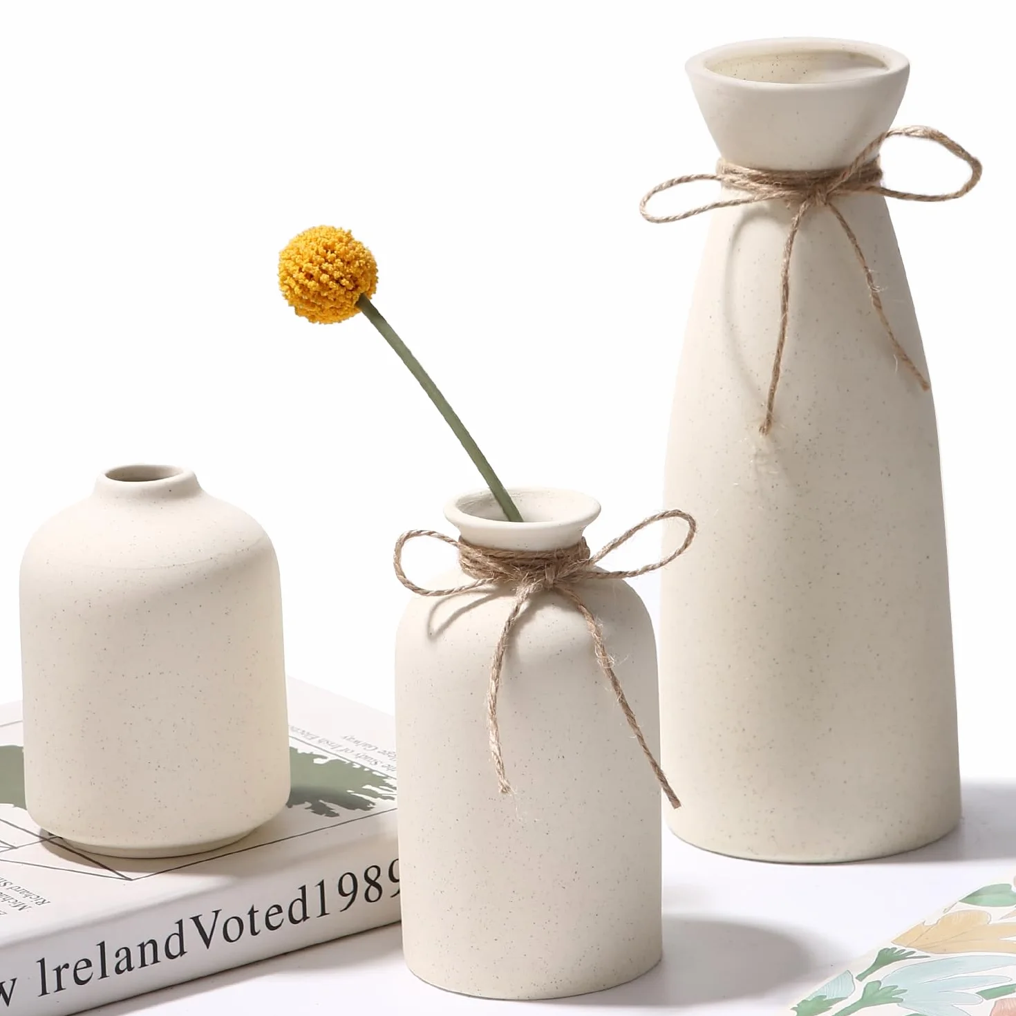 3 Jarron de Cerámica Beige, Nórdico Moderno y Minimalista Jarrones Decorativos del Hogar, Florero Ramo de Flores Frescas Secas de Hierba de la Pampa, Decoración Mesa Comedor Pequeña