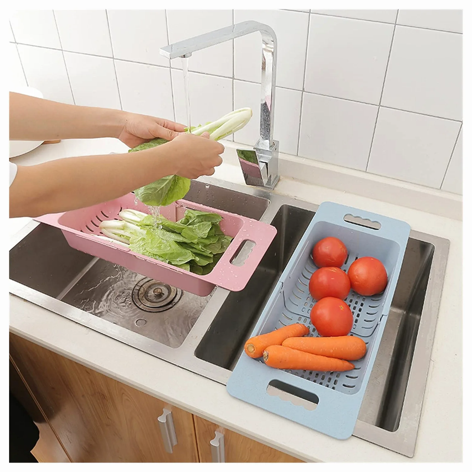 Colador Drenaje Cesta de Vegetales Colapsibles Colador Frutas y Verduras Cesta de Drenaje Stradero Ajustable sobre el Fregadero para la Cocina Coladores de Alimentos (Color : Blue)
