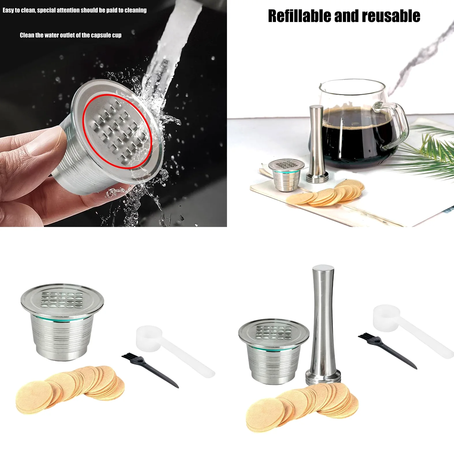 Greabuy Cápsulas de café de acero inoxidable con cuchara, papel de filtro y cepillo para mantenimiento de máquinas, juego de accesorios de café