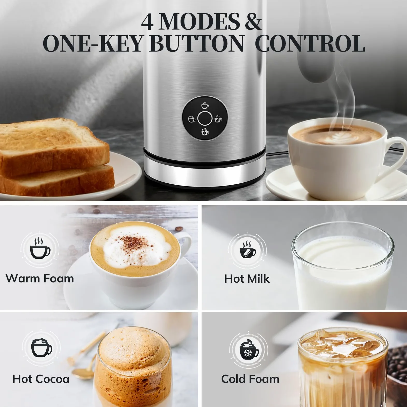 Morpilot Espumador de Leche Eléctrico 4 en 1, para Capuchino y Chocolate Caliente, 300 ml, para Espuma de Leche Caliente y Fría, y Chocolate, Antiadherente, Acero Inoxidable