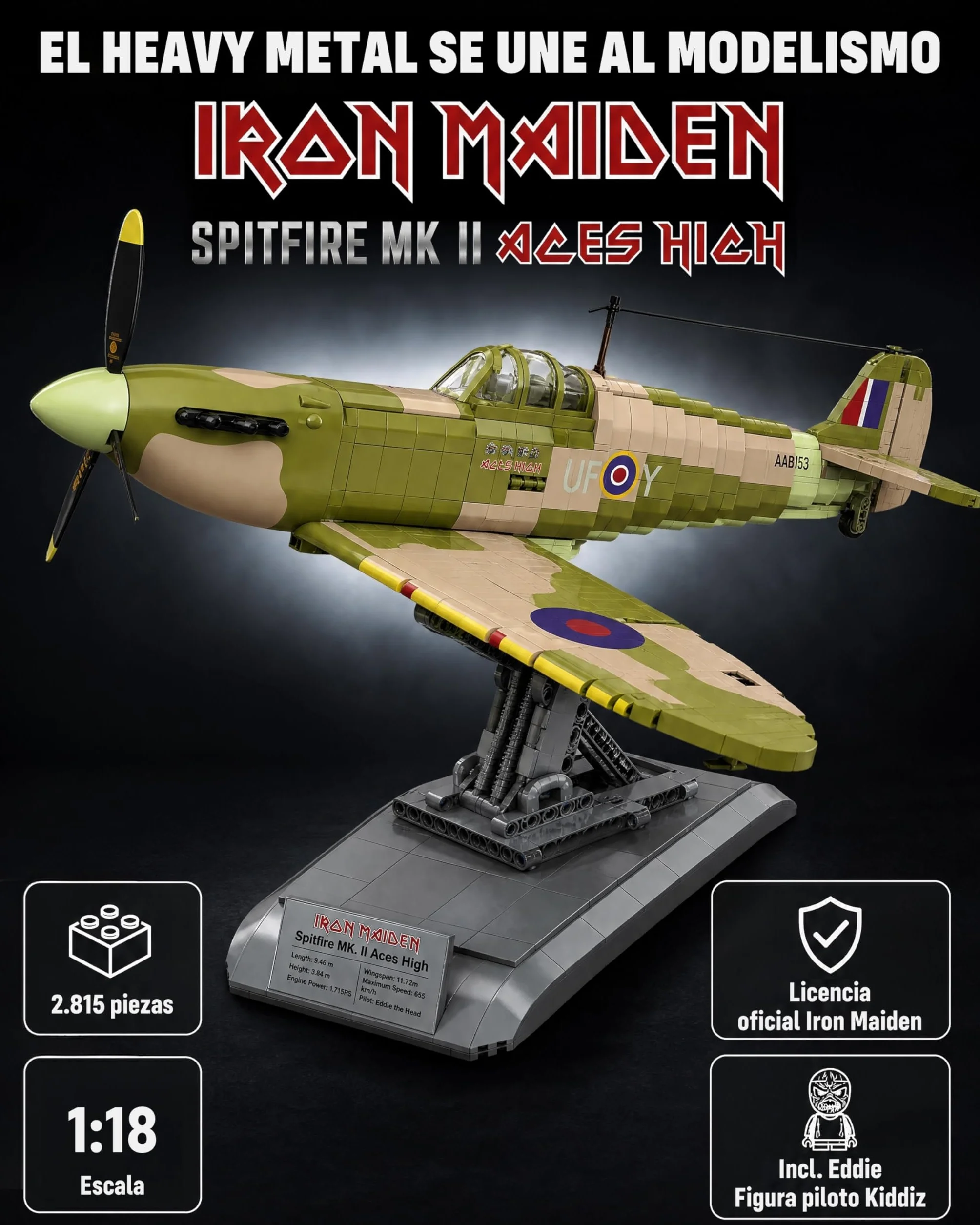 Revell Brick System 00962 Iron Maiden Spitfire MK.II Aces High - Kit de Modelo de ladrillo - Escala 1:18 sin Construir, 52.5 cm de Longitud, más de 2.500 Piezas, Incluye Figura de Eddie, Soporte de