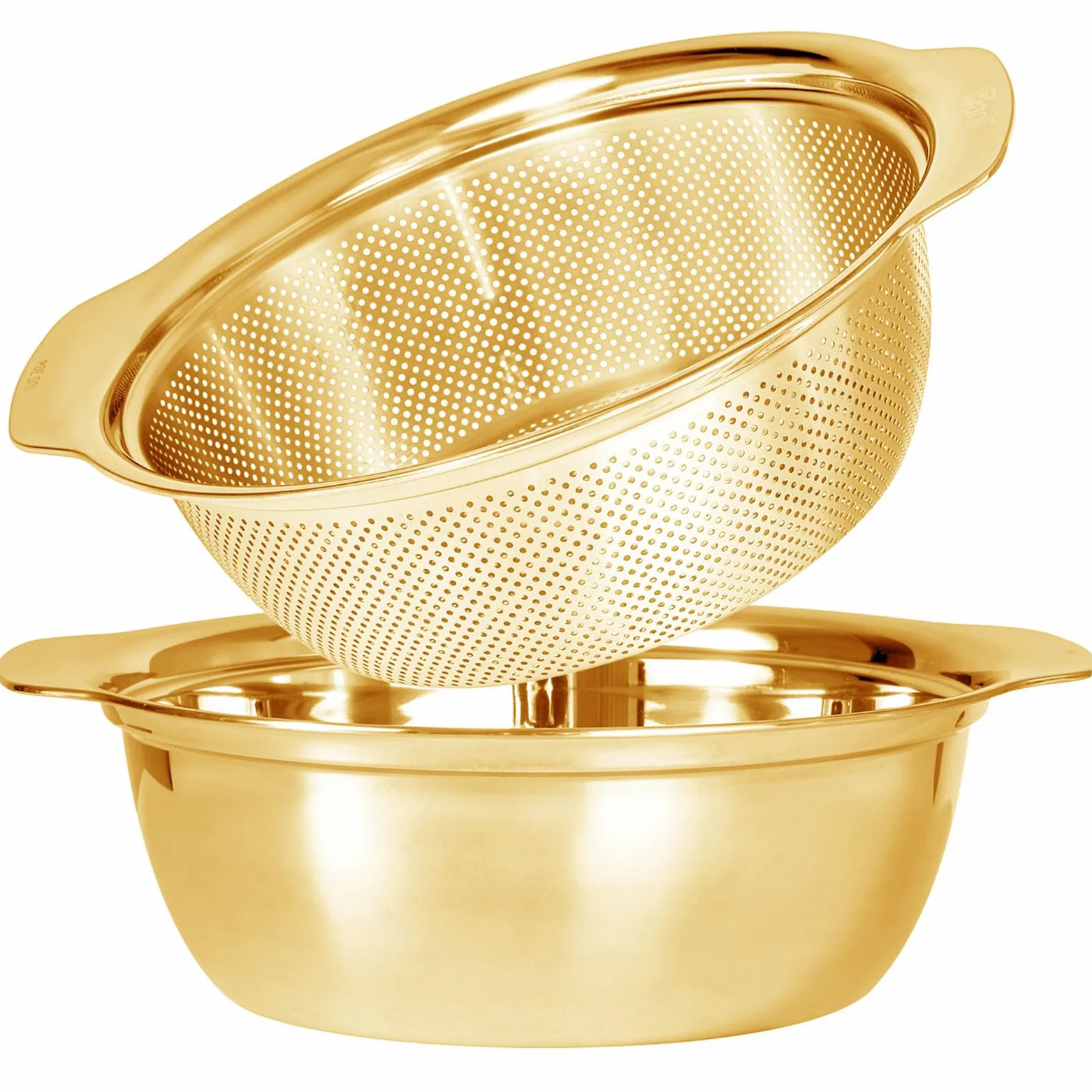 Colador microporoso de acero inoxidable 304 con asa, lavadoras de arroz, juego de colador microporoso para lavar verduras, frutas y arroz, y escurrir pasta cocida (4 cuartos de galón con asa, dorado)