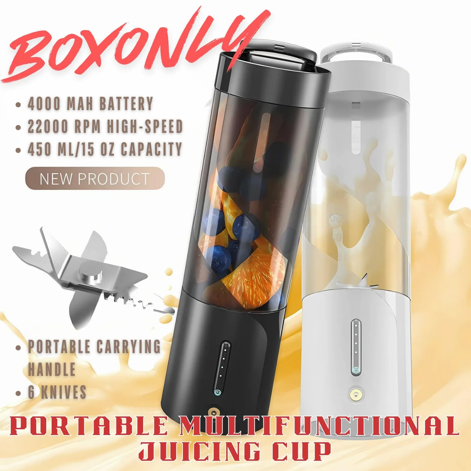 Licuadora portátil, licuadora recargable por USB con 6 cuchillas mejoradas y batería de 4000 mAh, capacidad de 450 ml, ideal para batidos, batidos de proteínas, viajes y oficina (negro)