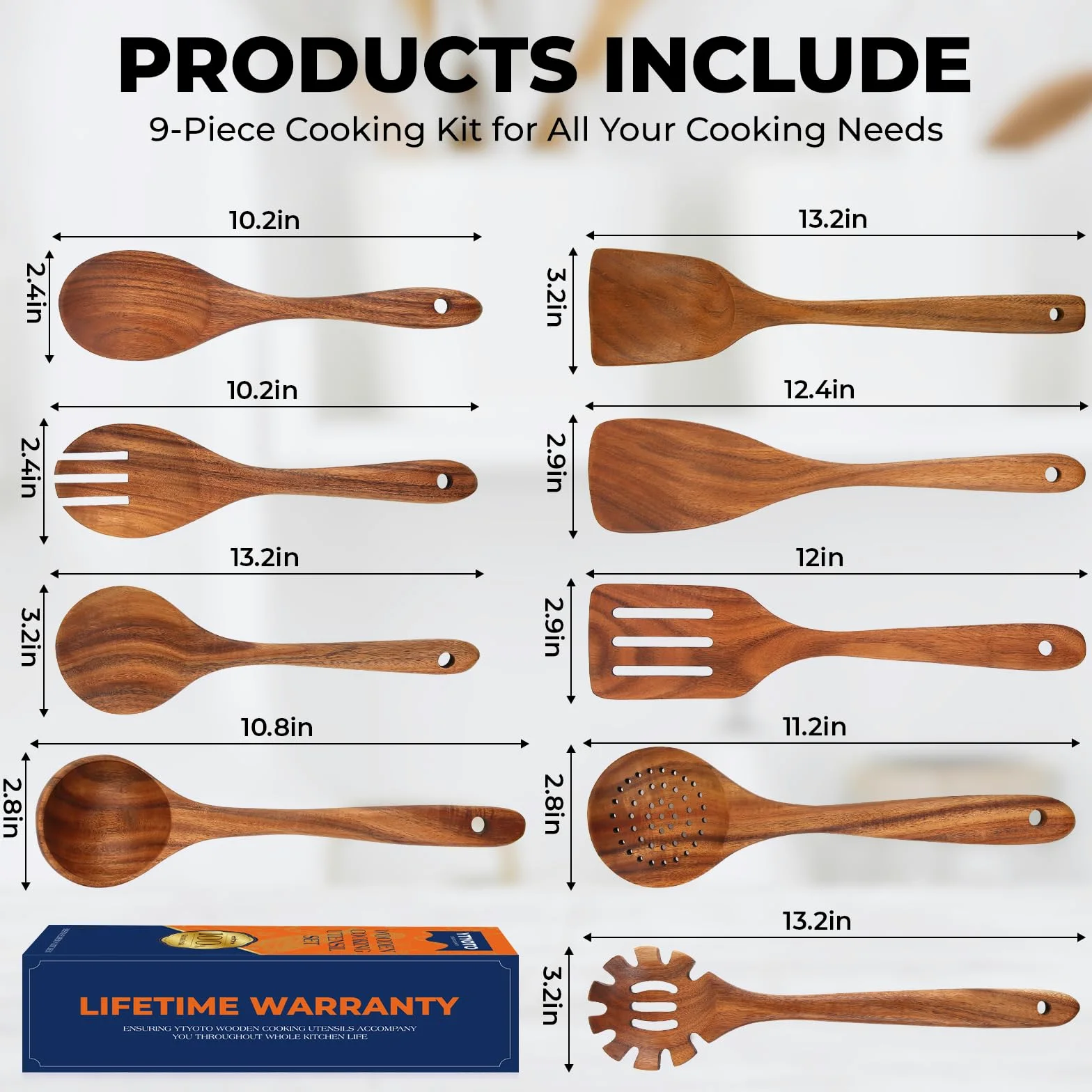 9 utensilios de cocina de madera, cucharas de madera para cocinar, juego de utensilios de cocina de madera de teca