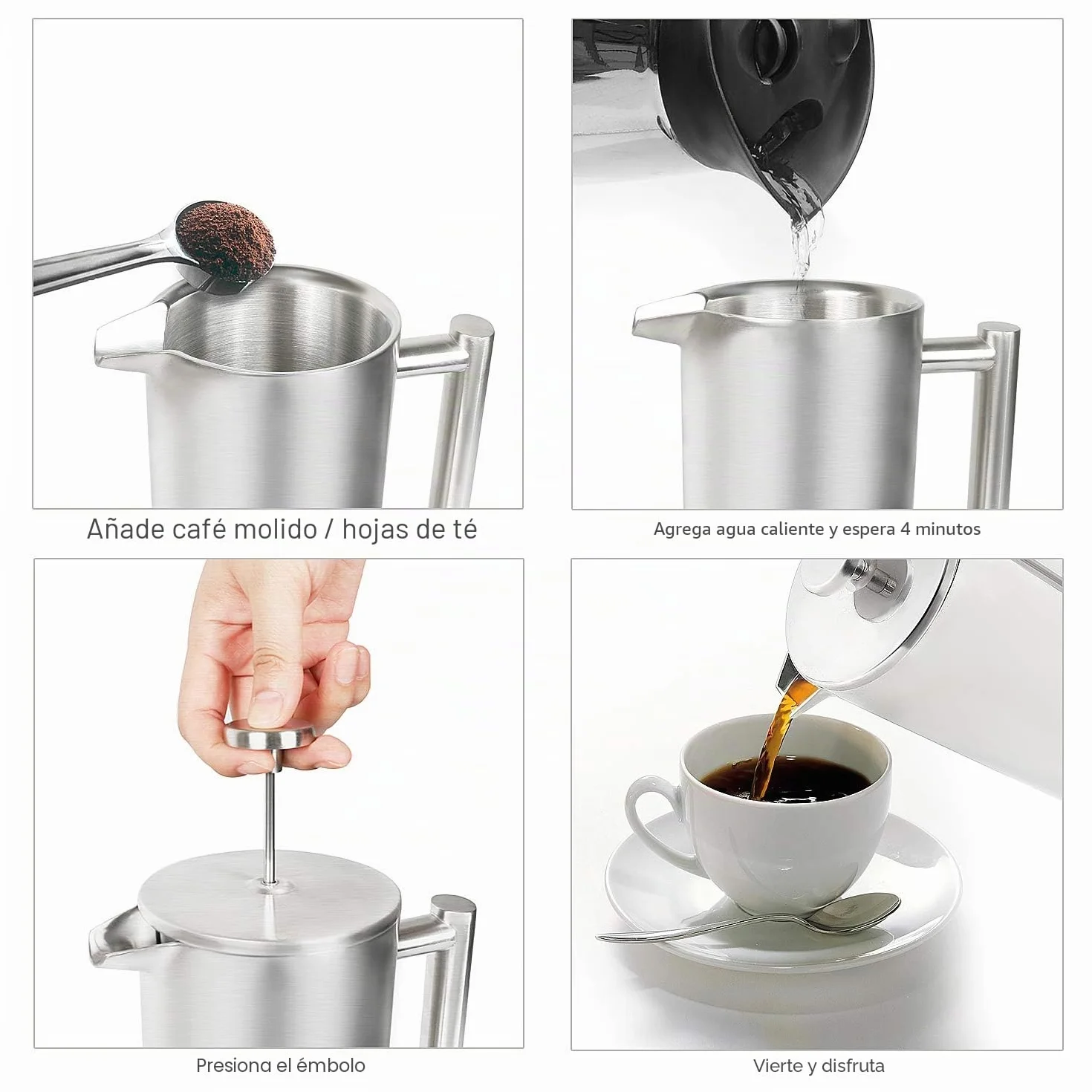 Cafetera de Émbolo Individual Prensa Francesa Acero Inoxidable 1L Plateado